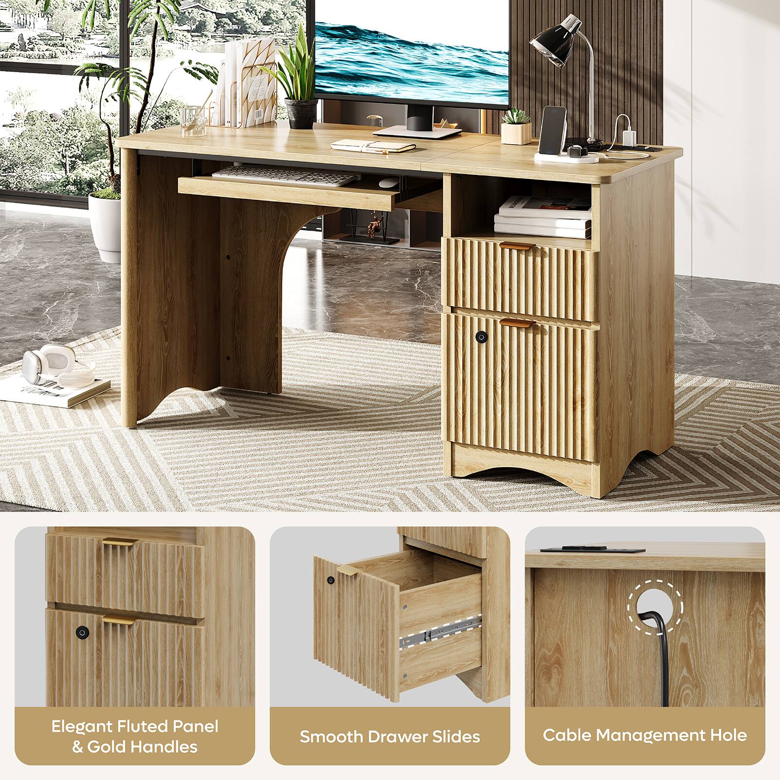 Elegant Fluted Panel & Gold Handles  
Smooth Drawer Slides  
Cable Management Hole