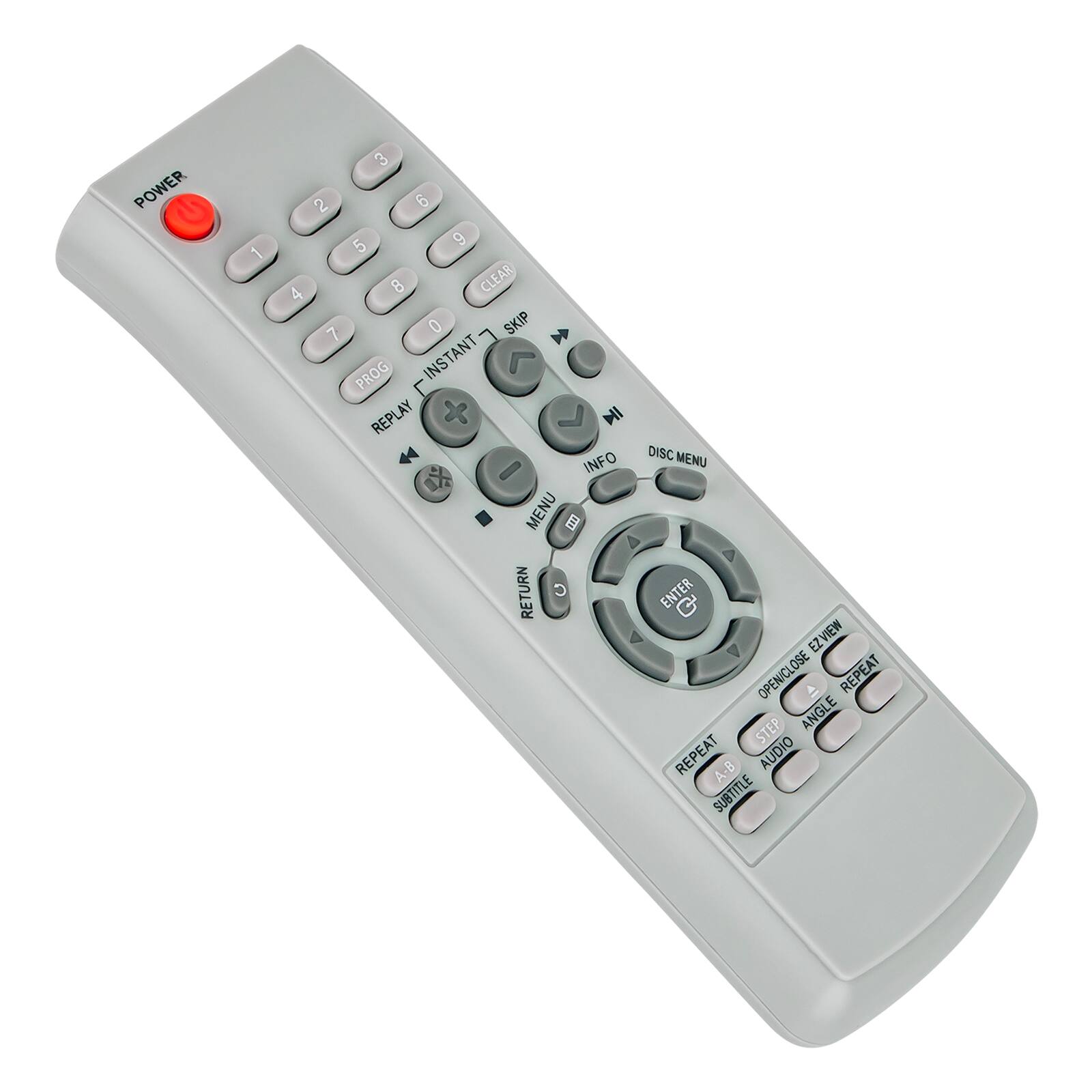 POWER 1 2 3 4 5 6 7 8 9 0 CLEAR SKIP PROG INSTANT REPLAY MENU DISC MENU ENTER RETURN INFO J MI OPEN/CLOSE EZ VIEW REPEAT STEP ANGLE REPEAT B A-B SUBTITLE AUDIO