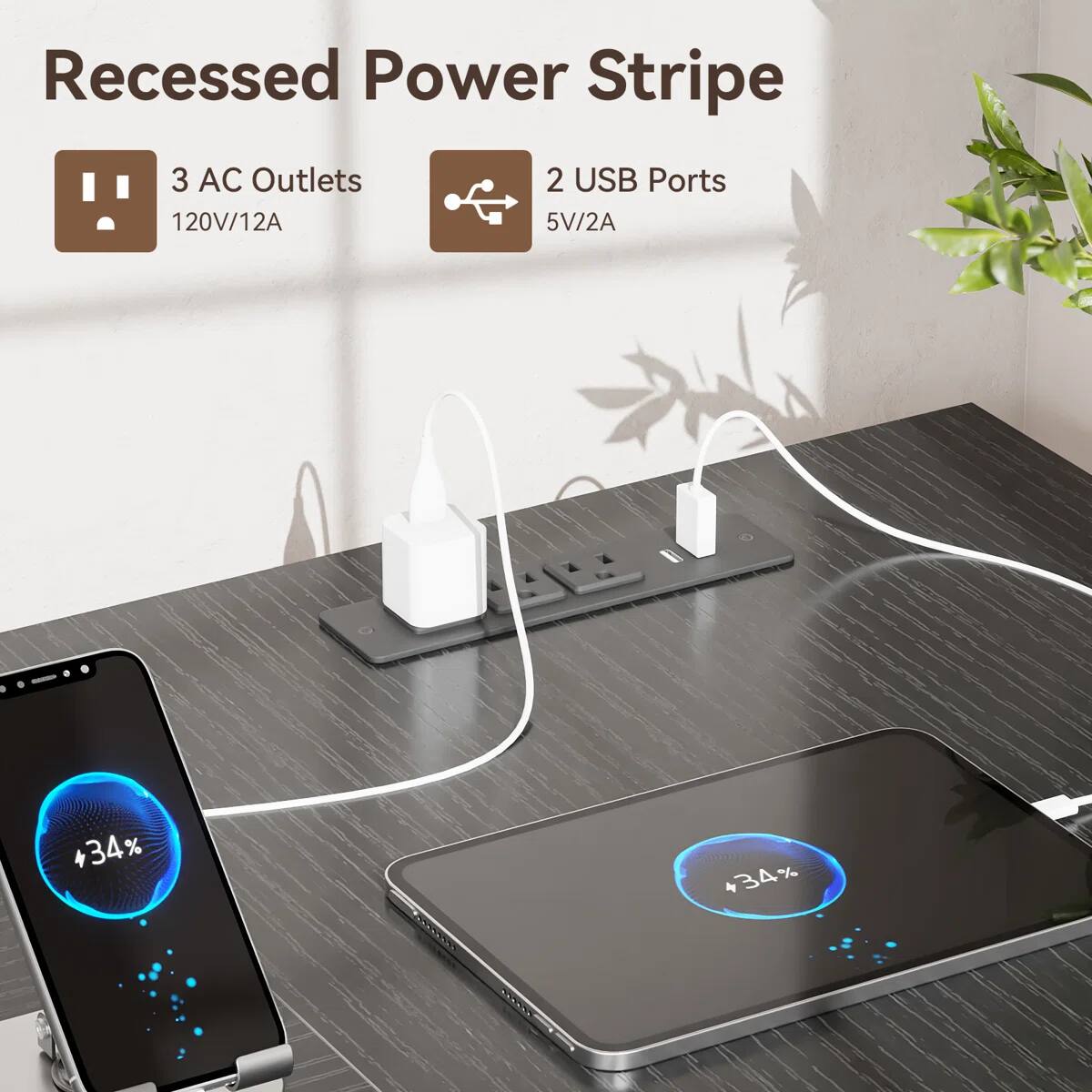 Recessed Power Stripe

3 AC Outlets
120V/12A

2 USB Ports
5V/2A

34% B +34%