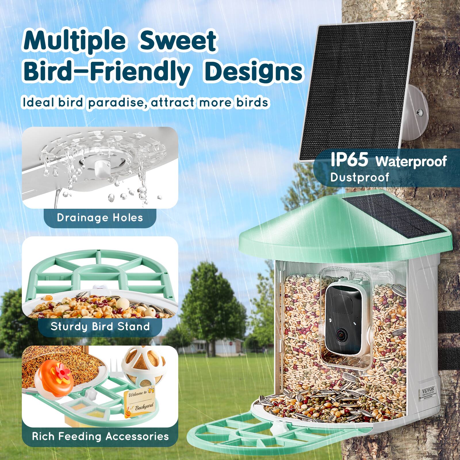 Multiple Sweet Bird-Friendly Designs  
Ideal bird paradise, attract more birds  

IP65 Waterproof Dustproof  

Drainage Holes  

Sturdy Bird Stand  

Rich Feeding Accessories