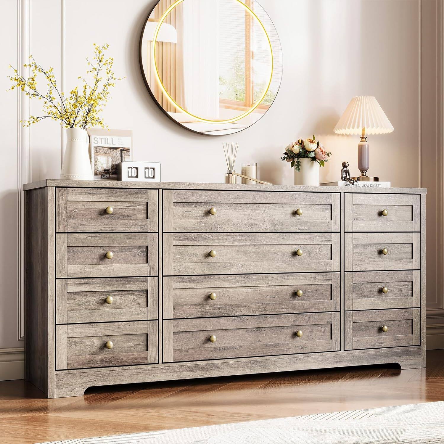 Acekool - Wooden 12-Drawer Bedroom Dresser, 63" Wide Solid Wood Chest for Living Room Hallway, Modern TV Stand Dresser for 65" TV - ‎Grey