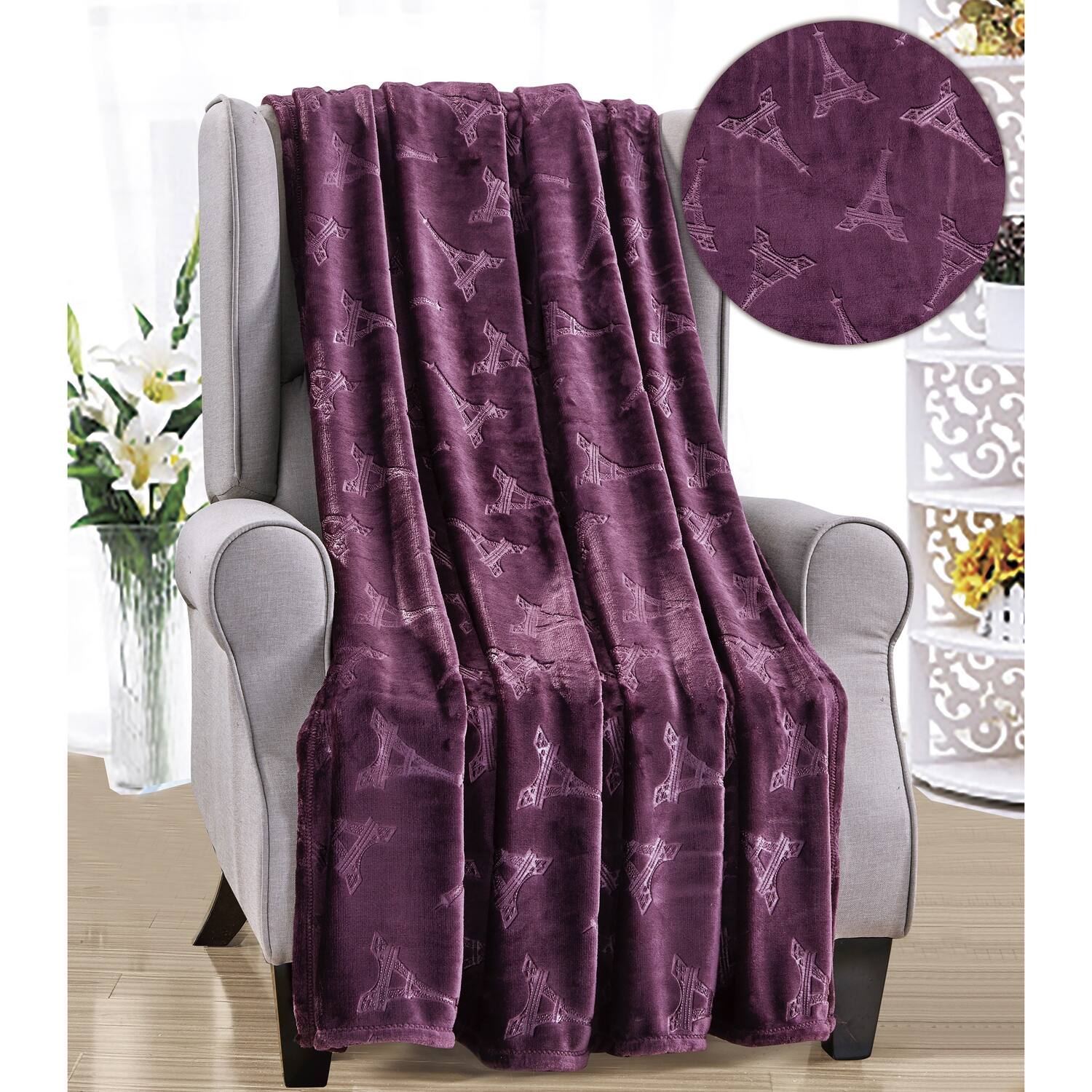 Alt View 1. Noble House - Plazatex Eiffel Tower Embossed Decorative Super Soft Throw Blanket for Sleep/Decor 2 Pack 50" x 60" Plum - Plum.