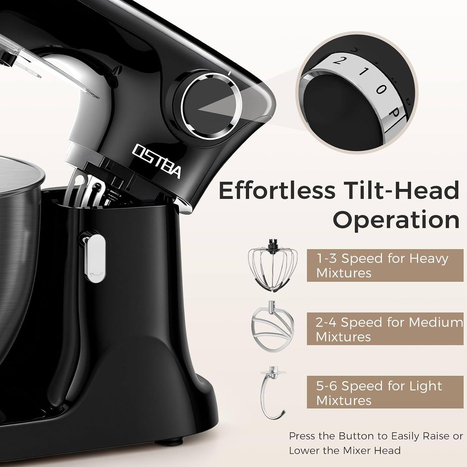 Effortless Tilt-Head Operation

1-3 Speed for Heavy Mixtures

2-4 Speed for Medium Mixtures

5-6 Speed for Light Mixtures

Press the Button to Easily Raise or Lower the Mixer Head