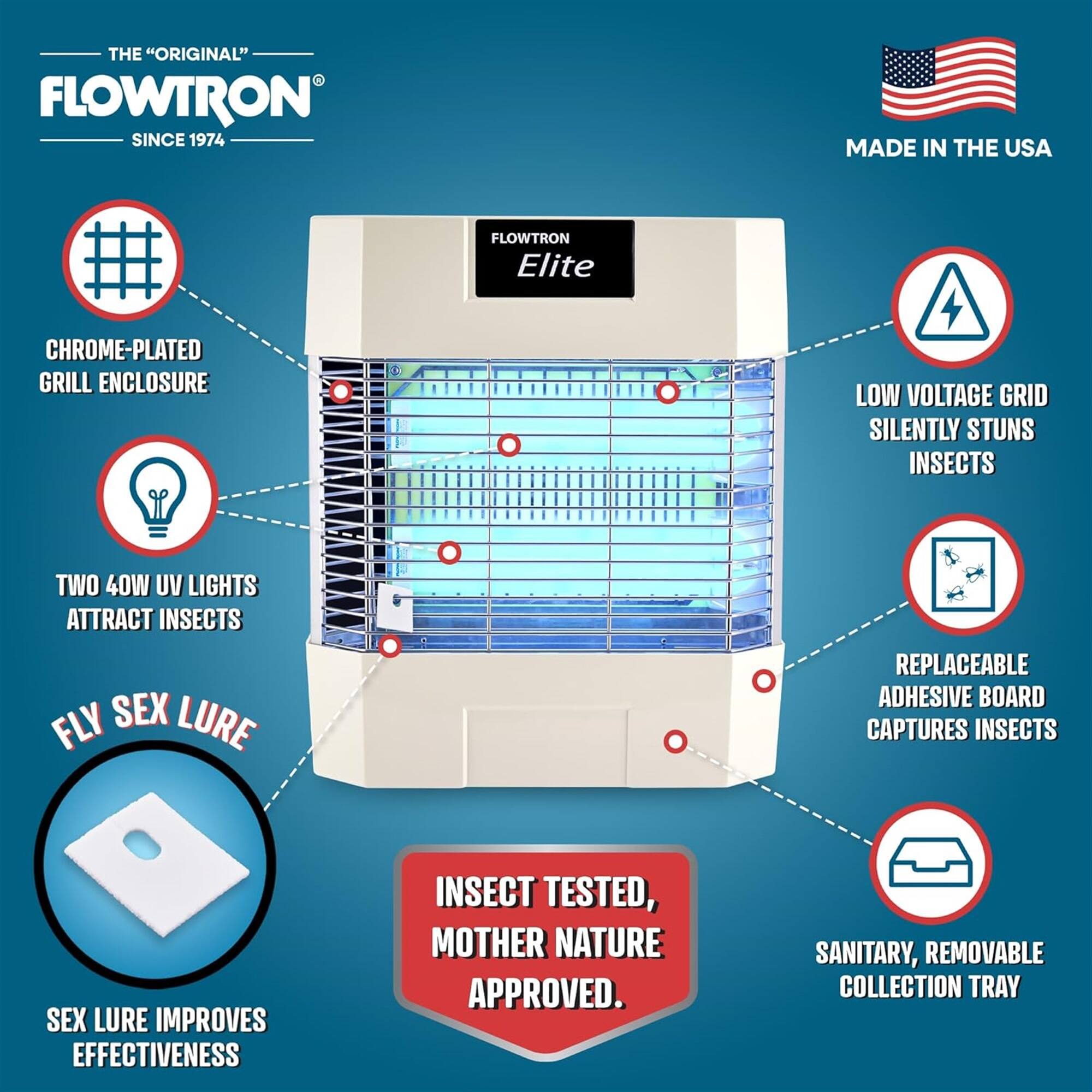 THE "ORIGINAL" FLOWTRON SINCE 1974
MADE IN THE USA
FLOWTRON Elite
CHROME-PLATED GRILL ENCLOSURE
LOW VOLTAGE GRID SILENTLY STUNS INSECTS
TWO 40W UV LIGHTS ATTRACT INSECTS
FLY SEX LURE
REPLACEABLE ADHESIVE BOARD CAPTURES INSECTS
SEX LURE IMPROVES EFFECTIVENESS
INSECT TESTED, MOTHER NATURE APPROVED.
SANITARY, REMOVABLE COLLECTION TRAY