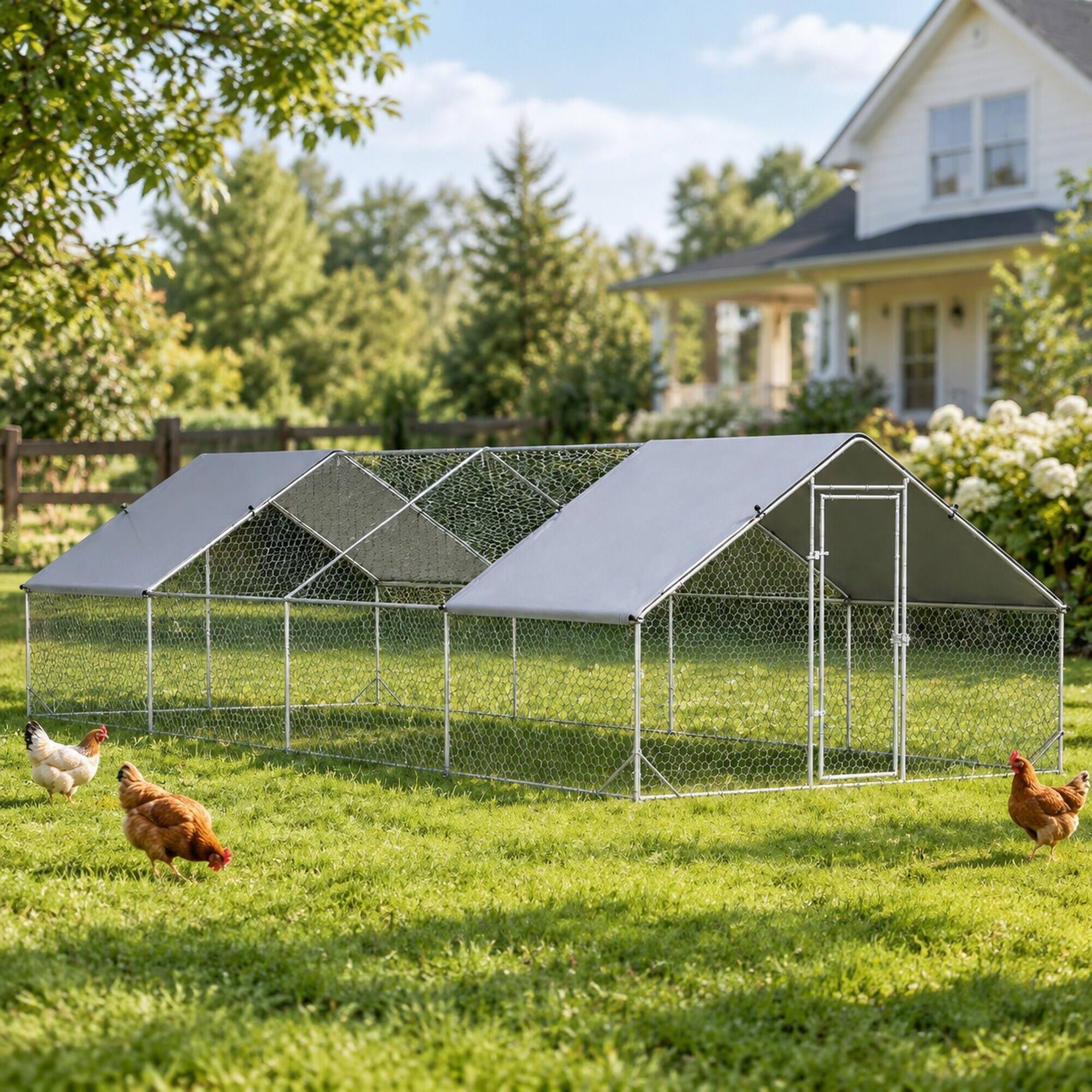 Left. RYHNUYNE - 9.8 ft x 26.2 ft Metal Chicken Run, Walk-in Coop, Galvanized Steel Frame, Shady Roof.