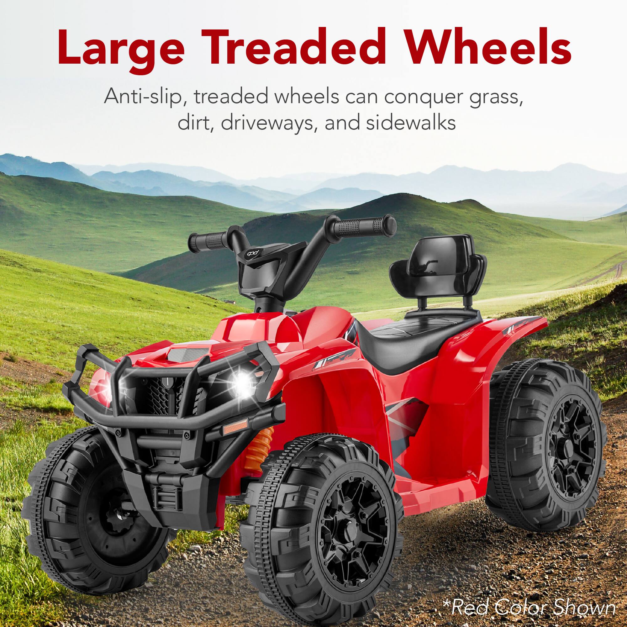 Large Treaded Wheels

Anti-slip, treaded wheels can conquer grass, dirt, driveways, and sidewalks

*Red Color Shown