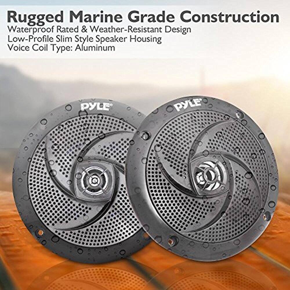 Rugged Marine Grade Construction  
Waterproof Rated & Weather-Resistant Design  
Low-Profile Slim Style Speaker Housing  
Voice Coil Type: Aluminum  

PYLE