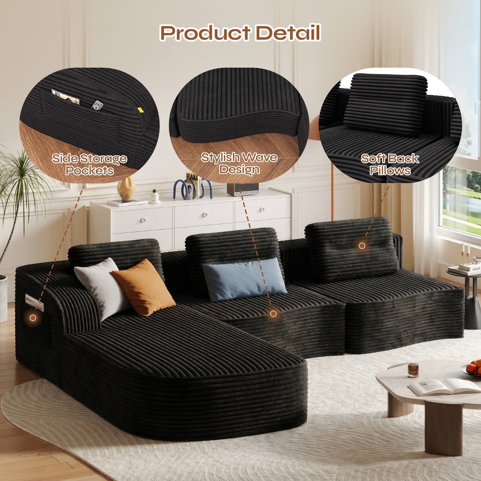 Product Detail

- Side Storage Pockets
- Stylish Wave Design
- Soft Back Pillows