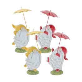 BreeBe - Whimsical Dancing Garden Gnome Figurine with Umbrella (Set of 4) - White