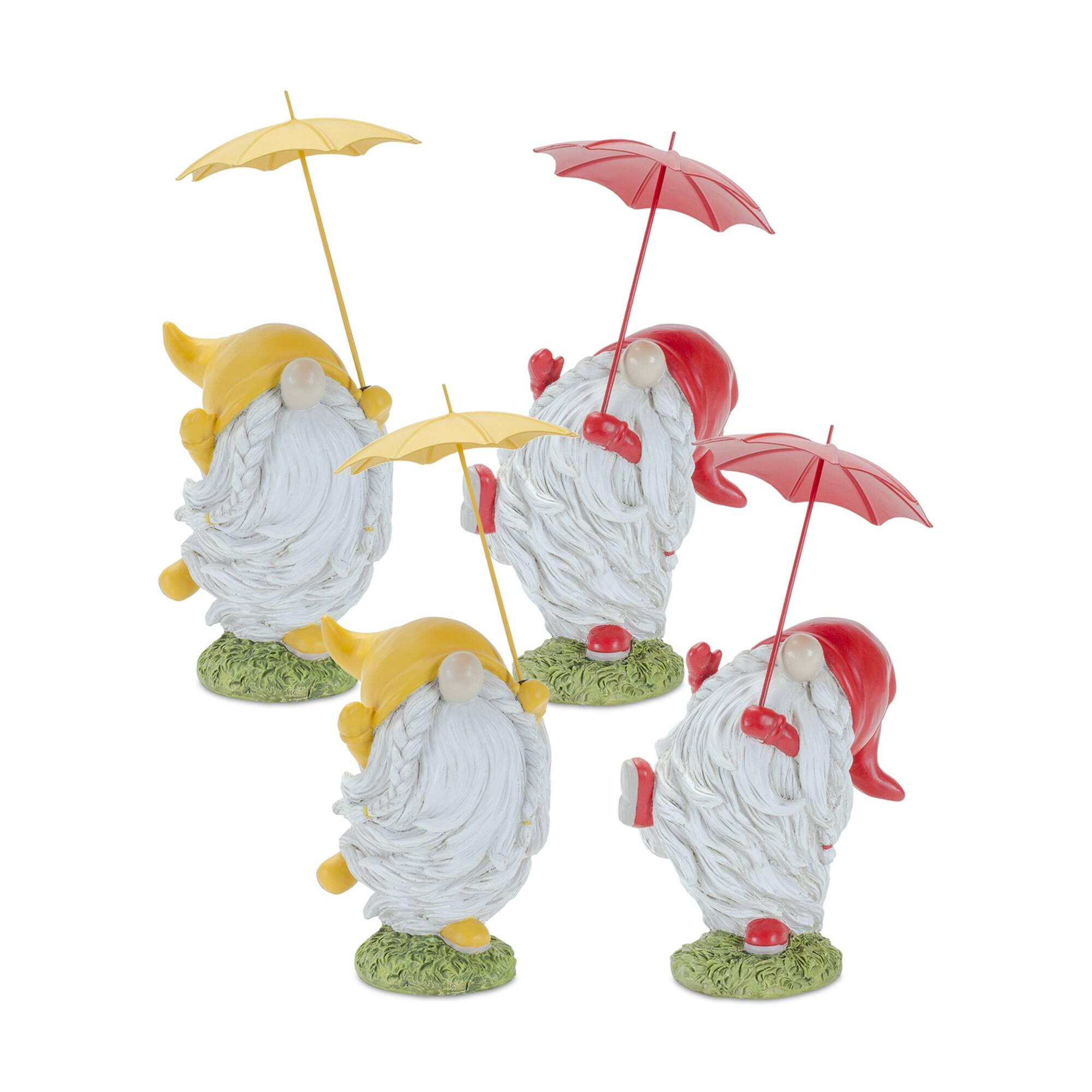 Front. BreeBe - Whimsical Dancing Garden Gnome Figurine with Umbrella (Set of 4) - White.