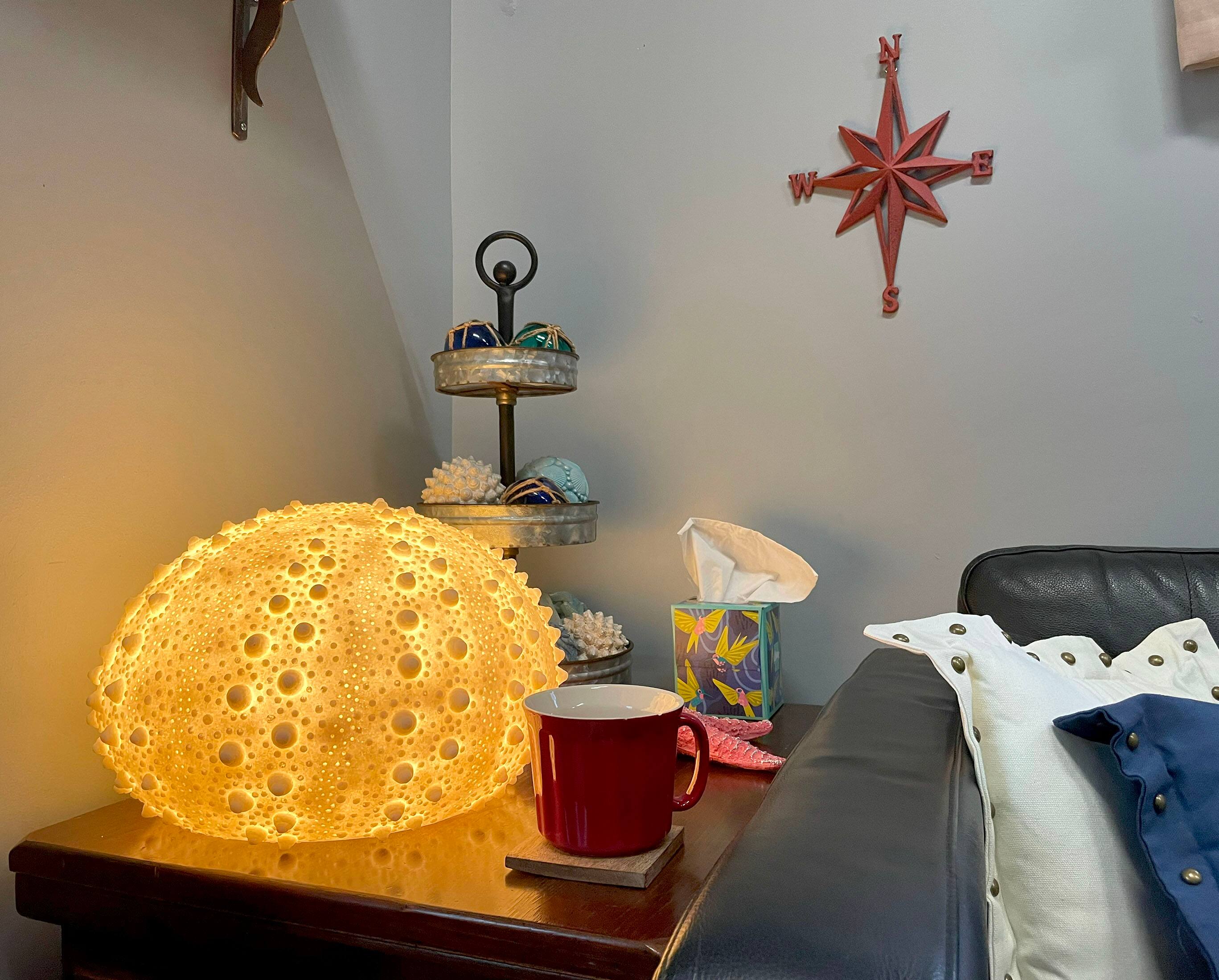 Alt View 3. Contrast Inc. - Large White Sea Urchin Coastal Table Lamp - 16 Inch Diameter - White.