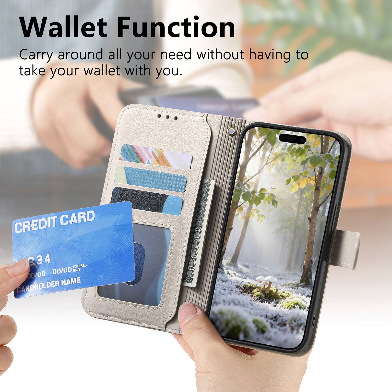Wallet Function  
Carry around all your needs without having to take your wallet with you.

CREDIT CARD  
234  
EXPIRES 00/00  
END 00/00  
CARDHOLDER NAME