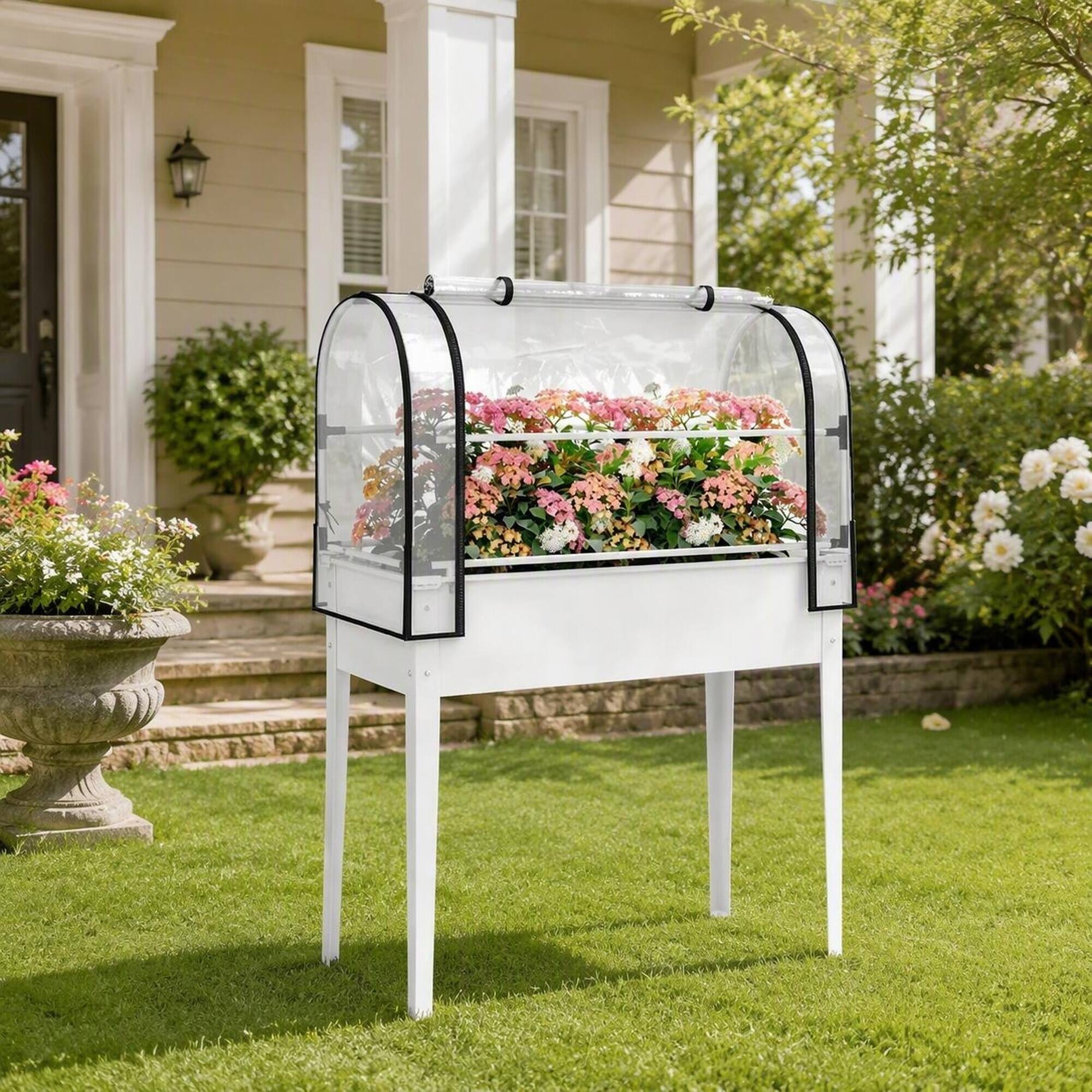 Alt View 1. RYHNUYNE - White Elevated Raised Garden Bed with Mini Greenhouse Cover, 26 Gallon Metal Planter Box on Legs for Outdoor Patio - White.