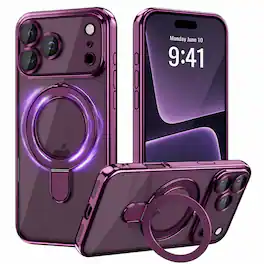 Dteck - Plating Clear Case for Apple iPhone 18 Pro, Magnetic Ring Stand Cover Compatible with MagSafe, Camera Lens Protector - Cherry Red
