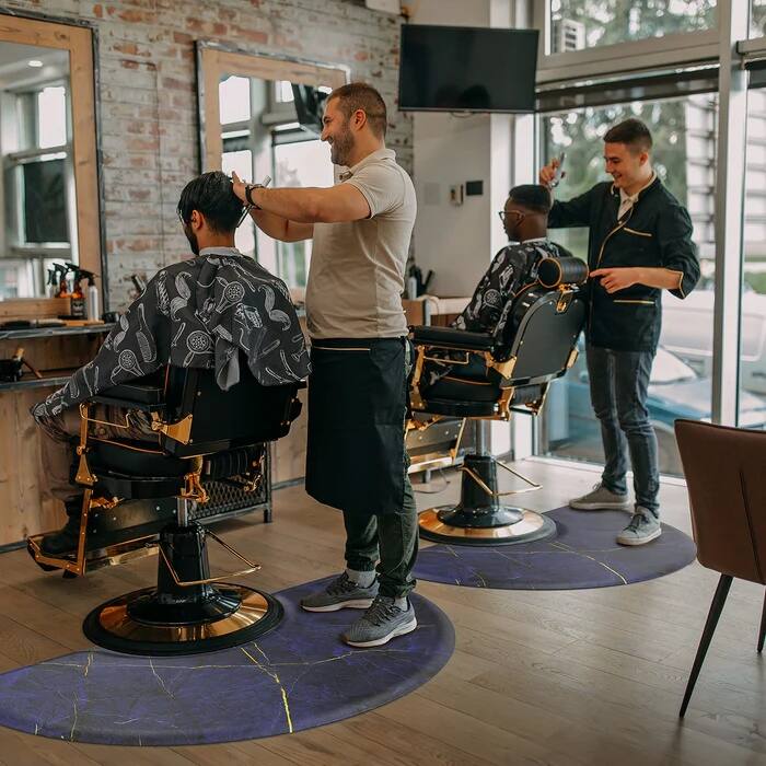 Back. Winado - 3' x 5' x 5/8"  Anti Fatigue Semicircular Salon Chair Mat with Round Cutout & Beveled Edge for Barbershop Beauty and Spa - Blue Marble.