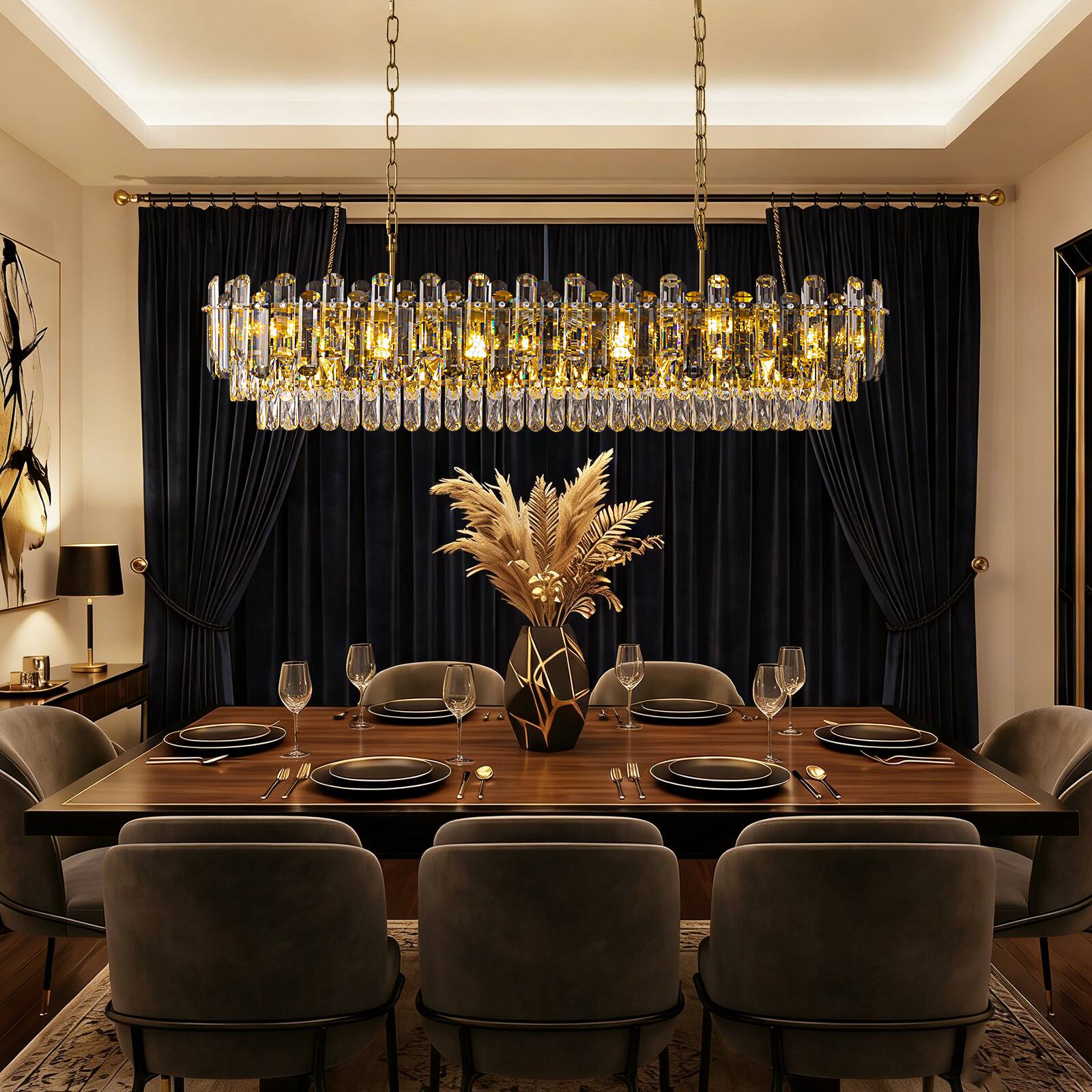 Left. Siljoy - 47.2-inch Luxury K9 Gold Crystal Chandelier Dimmable Height-Adjustable E12 for Dining Room Kitchen Island Living Room - Gold.