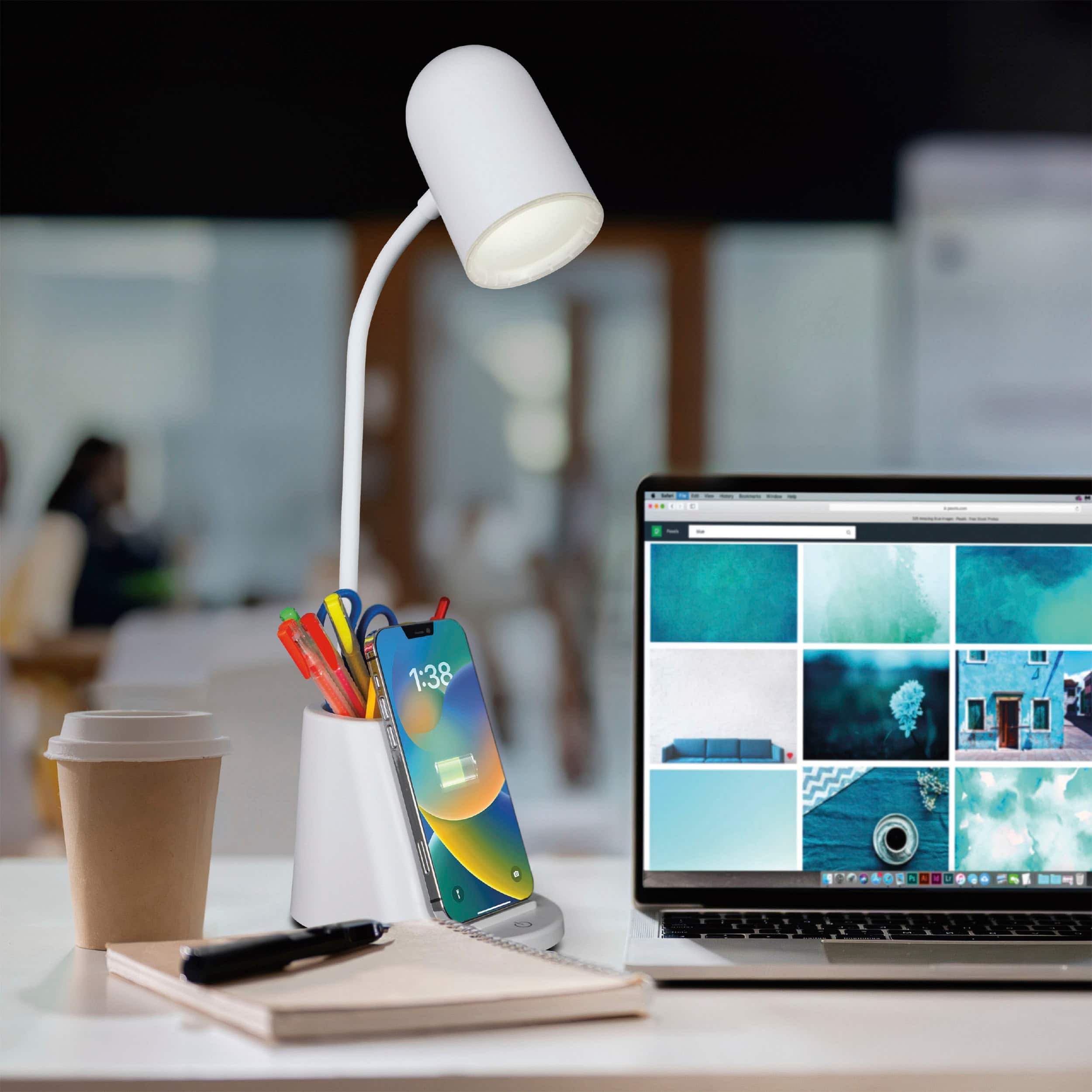 Angle. OttLite - Aglow Organizer LED Desk Lamp w/Wireless Charging - White.
