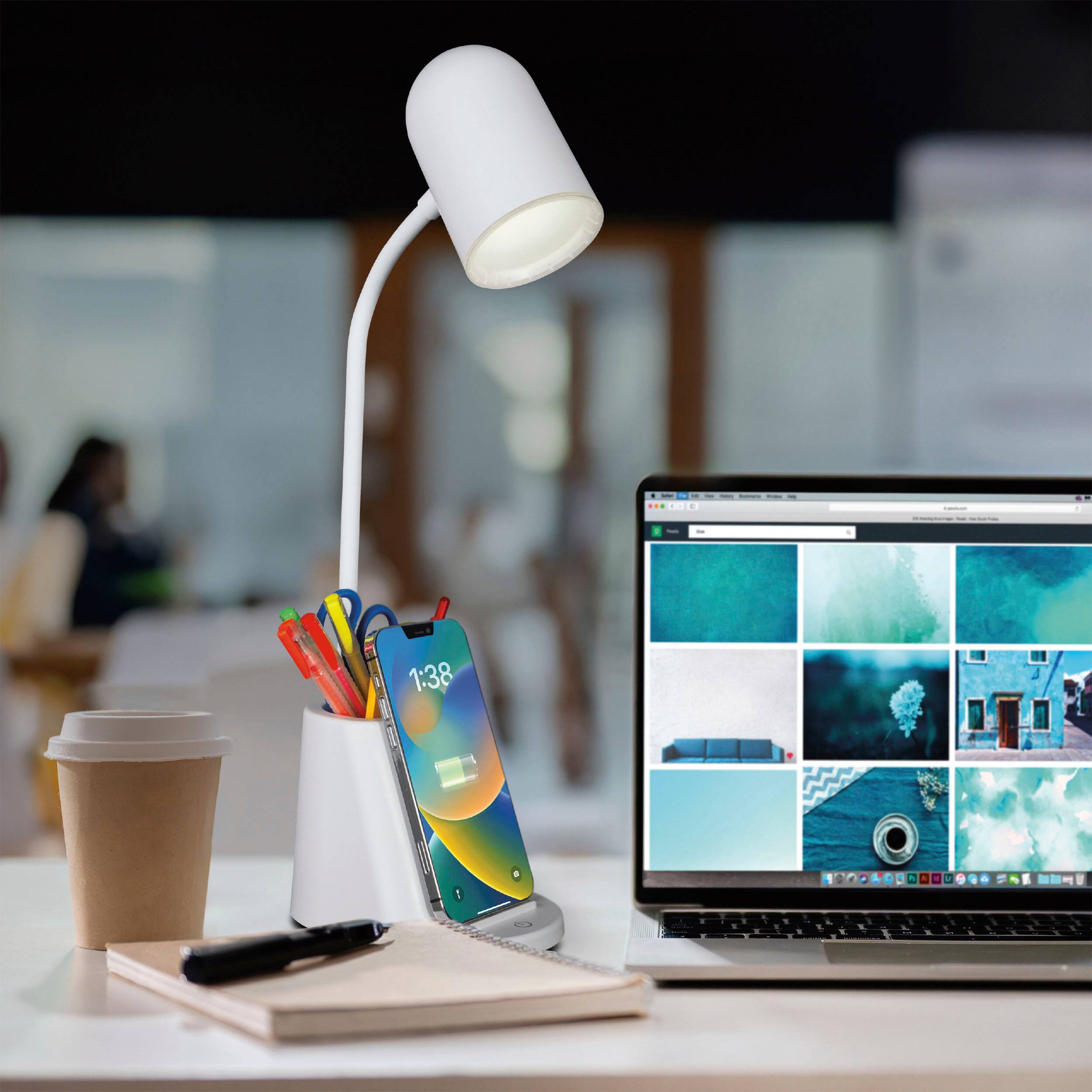 Angle. OttLite - Aglow Organizer LED Desk Lamp w/Wireless Charging - White.