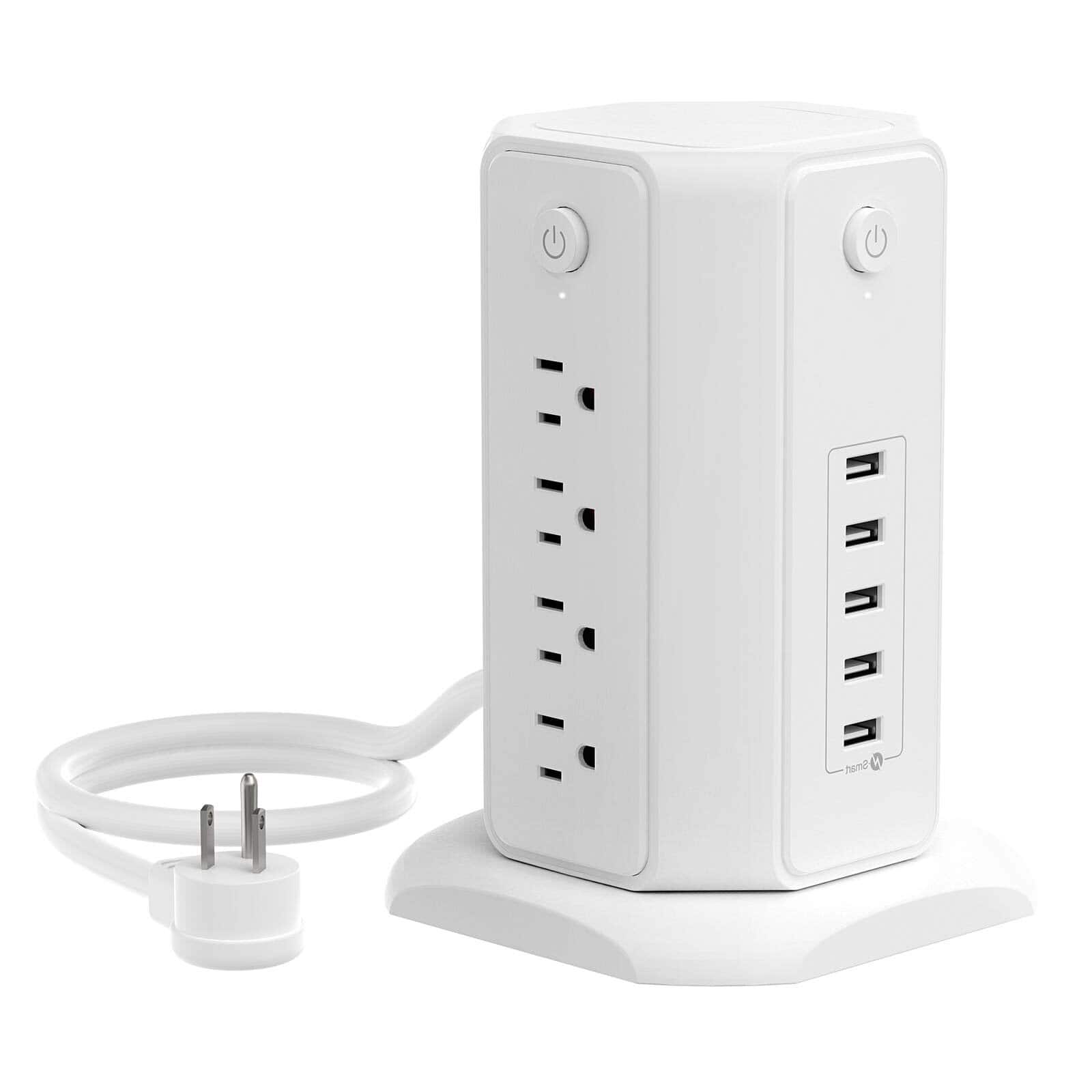 Dazzed Corner - Power Strip Tower, 8 Outlets & 5 USB, Surge Protector, 6FT Cord - White