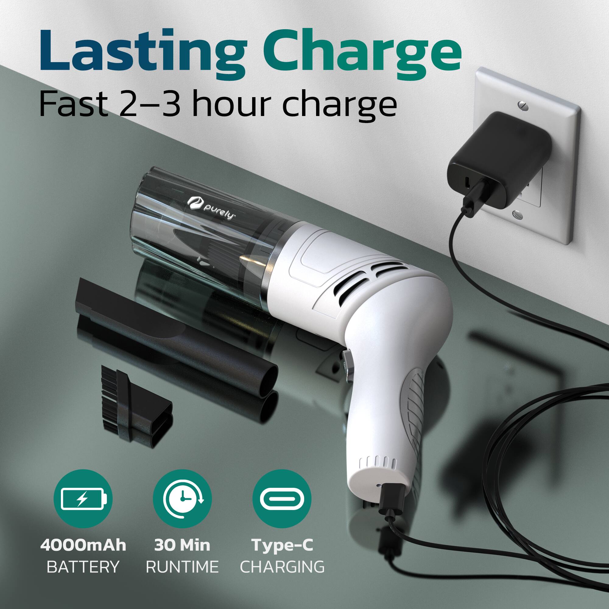Lasting Charge  
Fast 2–3 hour charge  

4000mAh BATTERY  
30 Min RUNTIME  
Type-C CHARGING