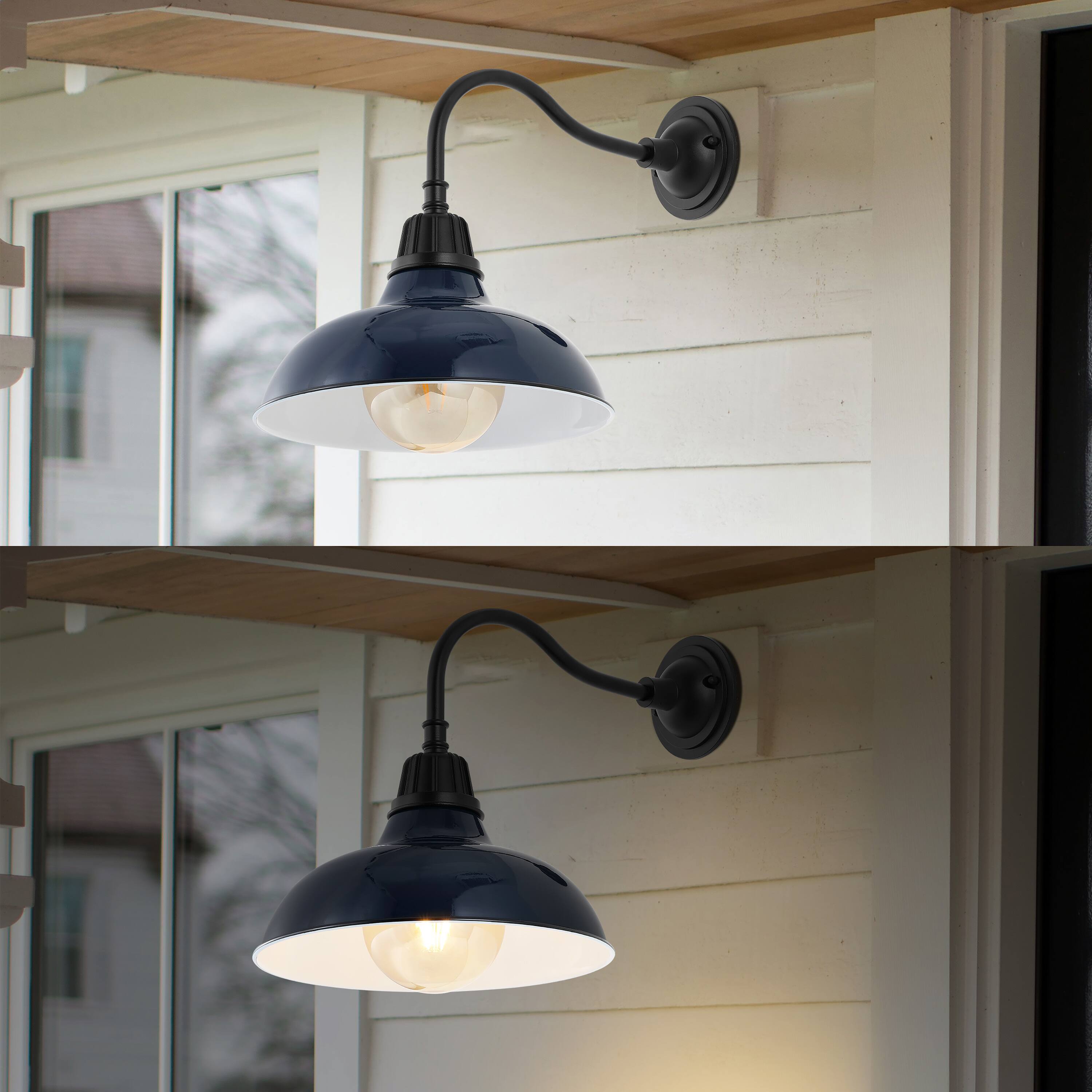 Alt View 3. Jonathan Y - Aurora 12.25" 1-Light Farmhouse Industrial Indoor/Outdoor Iron LED Gooseneck Arm Outdoor Sconce, Navy - Navy/Black.