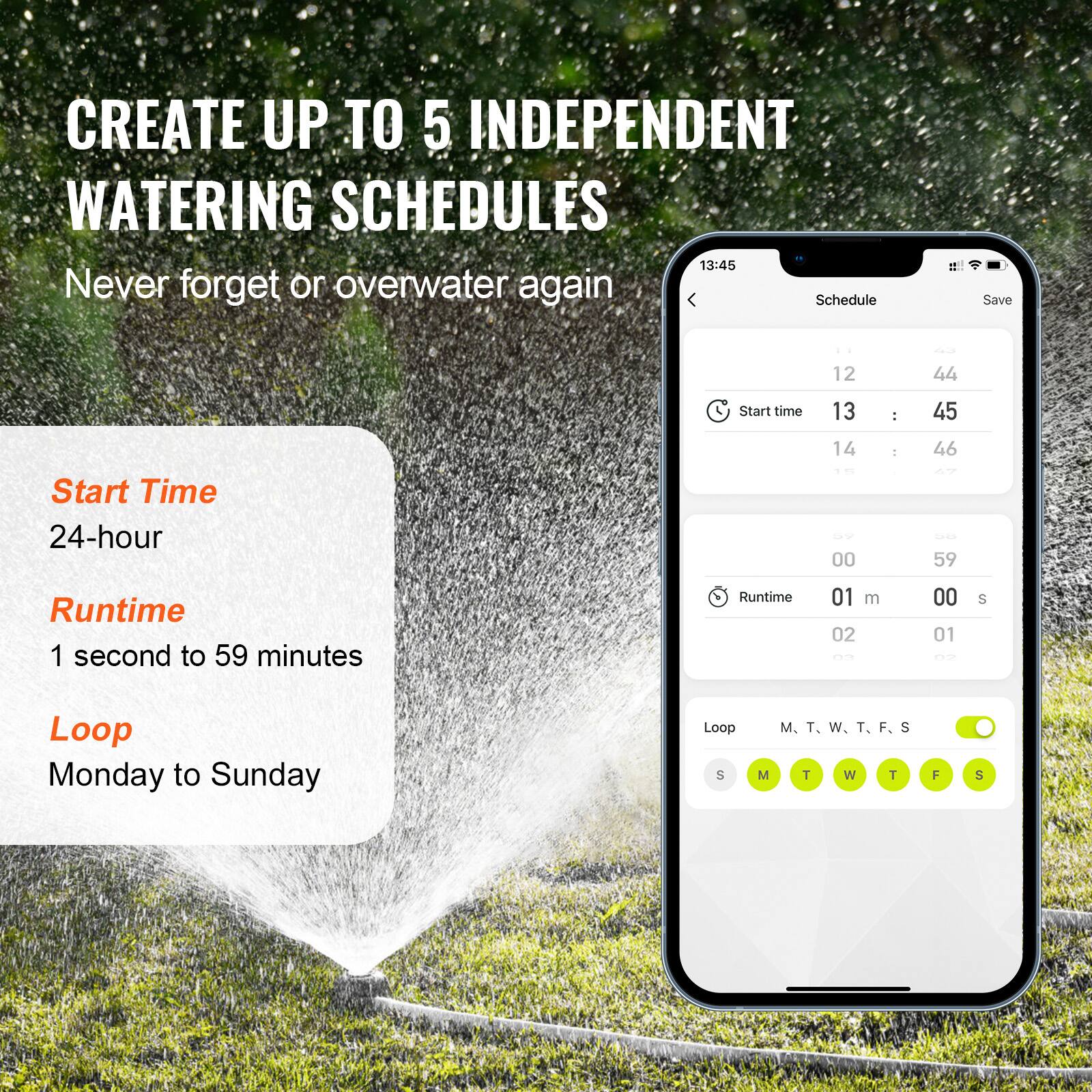 CREATE UP TO 5 INDEPENDENT WATERING SCHEDULES  
Never forget or overwater again  

Start Time  
24-hour  

Runtime  
1 second to 59 minutes  

Loop  
Monday to Sunday  

Schedule  
Start time  
13 : 45  

Runtime  
01 m 00 s  

Loop  
M T W T F S