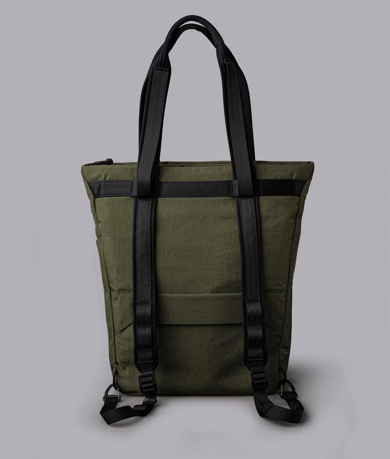 Back. ALPAKA - Flow Totepack Laptop Backpack for Men, 16" Laptop Compartment + 11" Tablet Sleeve, Tote/Backpack, Bottle Pocket - Green Axoflux 400D Washed Nylon.