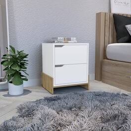 Loheer - Two Drawer Nightstand, Particle Board Bedside Table - White and Macadamia