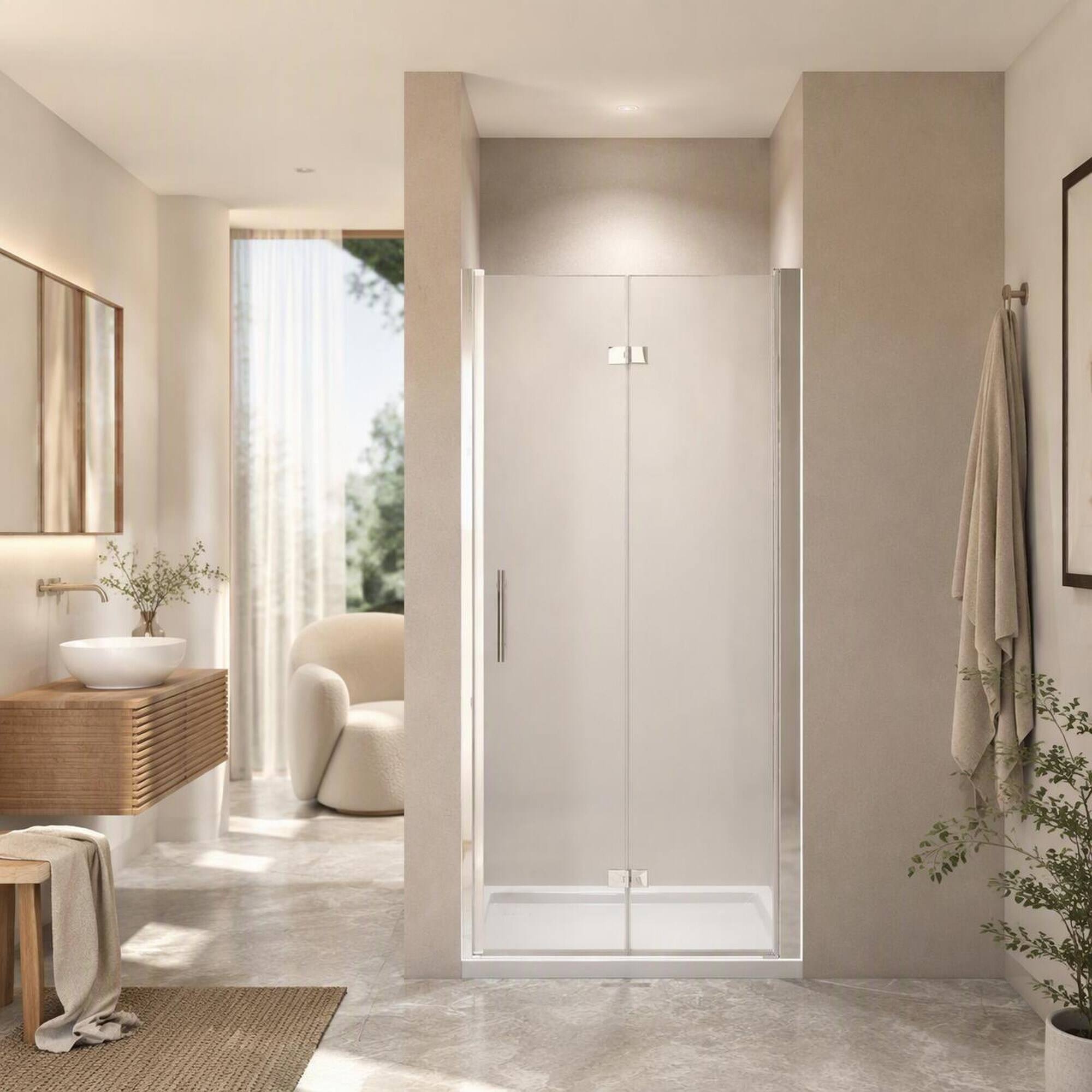 Front. RYHNUYNE - 30-31 In X 72 In Bifold Shower Door, 1/4 In Clear Tempered Glass Chrome Finish - Brushed Nickel.