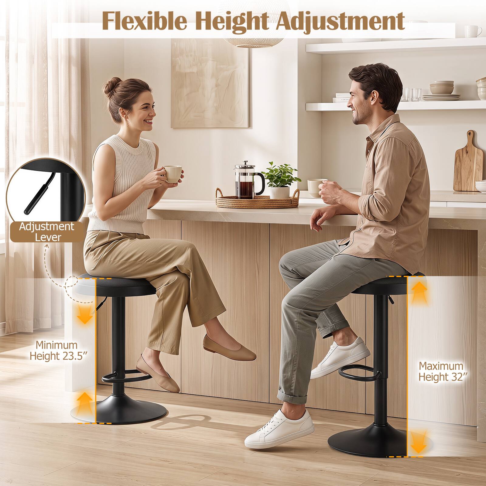 Flexible Height Adjustment  
Adjustment Lever  
Minimum Height 23.5"  
Maximum Height 32"