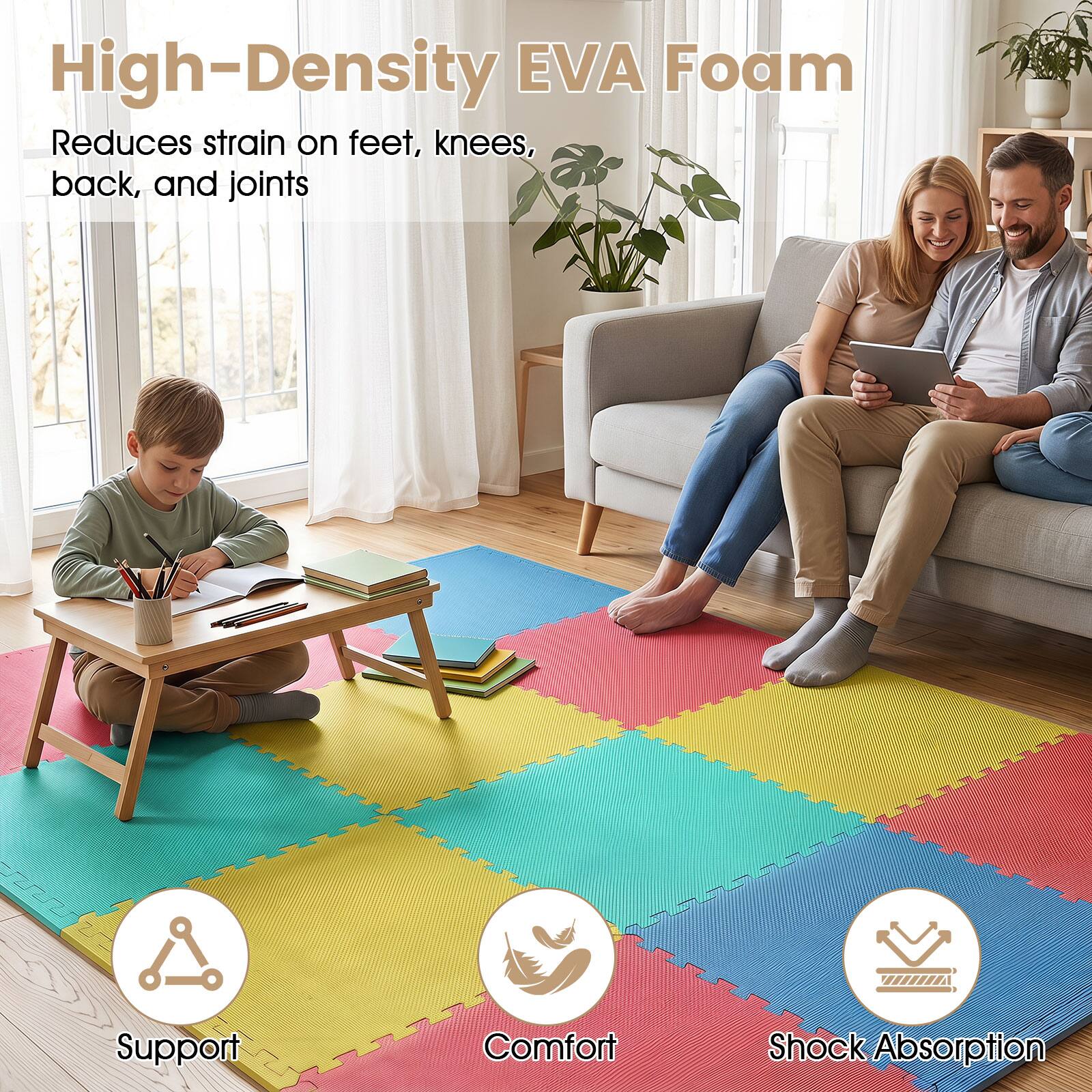 High-Density EVA Foam  
Reduces strain on feet, knees, back, and joints  

Support  
Comfort  
Shock Absorption