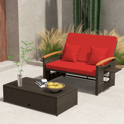 Front. Gymax - Gymax Patio Rattan Daybed Set w/ Cushioned Loveseat & Storage Ottoman - Red.