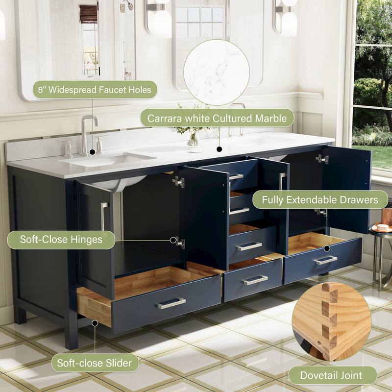 8" Widespread Faucet Holes  
Carrara White Cultured Marble  
Fully Extendable Drawers  
Soft-Close Hinges  
Soft-close Slider  
Dovetail Joint