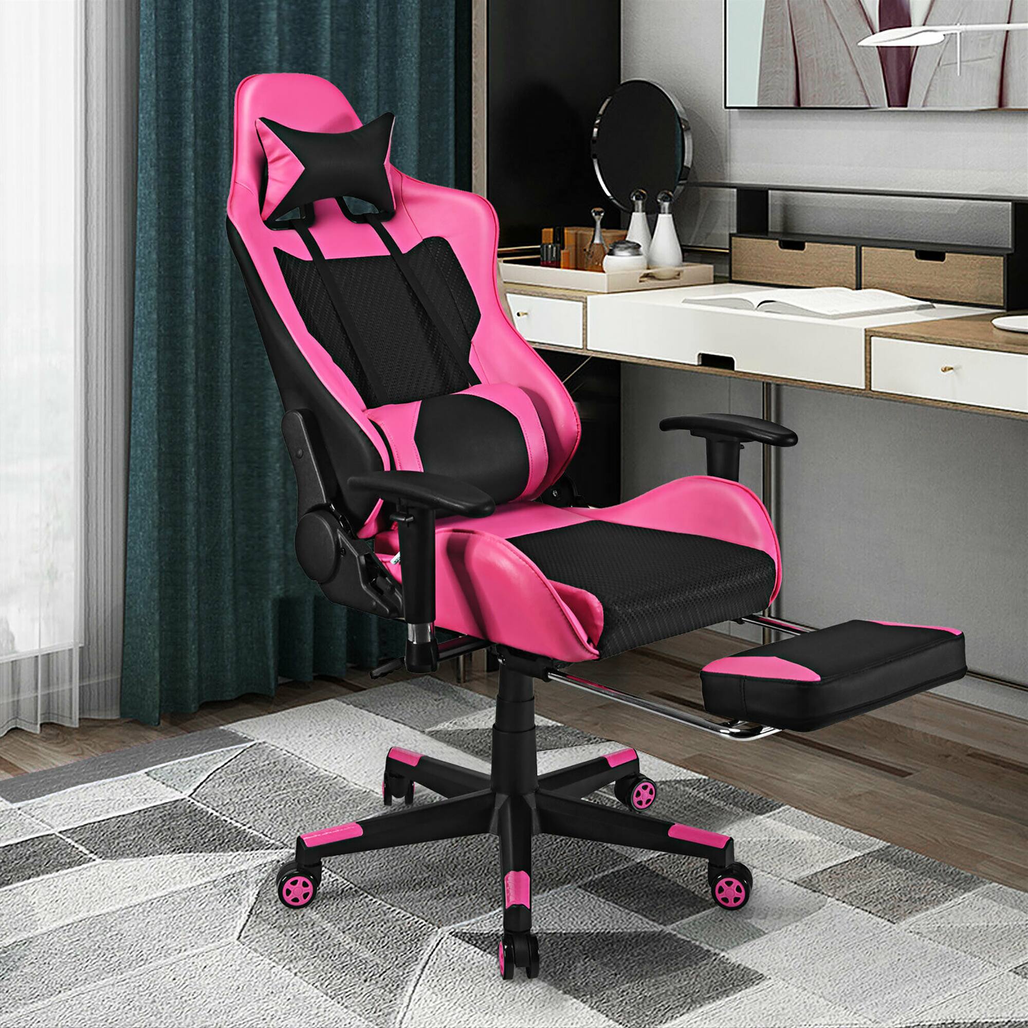 Alt View 11. Costway - Racing Massage Gaming Chair with Footrest - Pink + Black.