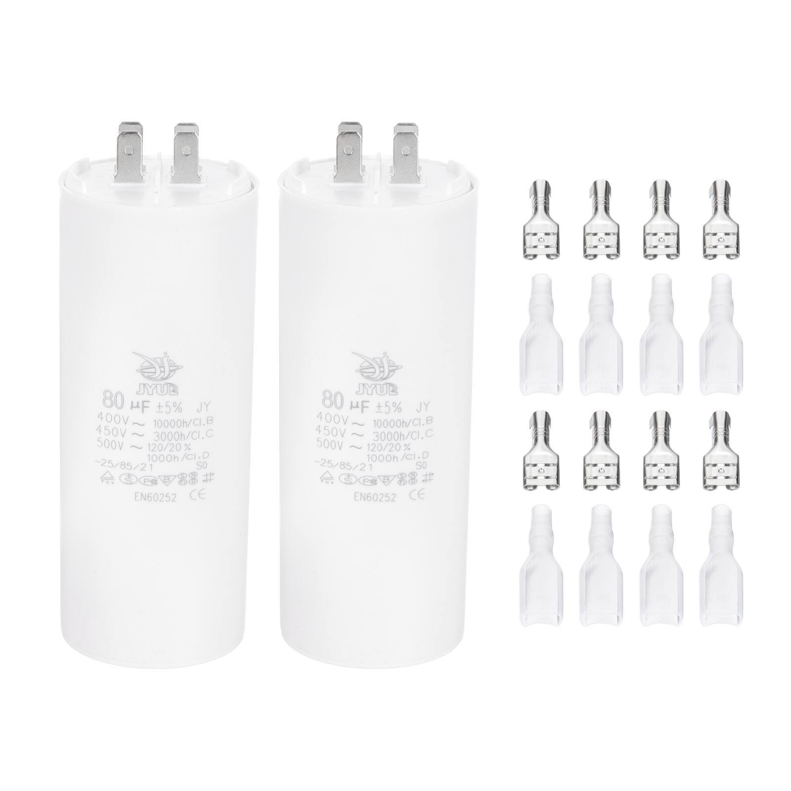 JYUB 80 µF 5% JY  
400V - 10000h/Cl.B  
450V - 3000h/Ci.C  
500V - 120/20% 1000h/ci.D  
-25/85/21 S0  
EN60252 CE  

JYUB 80 µF 5% JY  
400V - 10000h/Cl.B  
450V - 3000h/Ci.C  
500V - 120/20% 1000h/ci.D  
-25/85/21 S0  
EN60252 CE