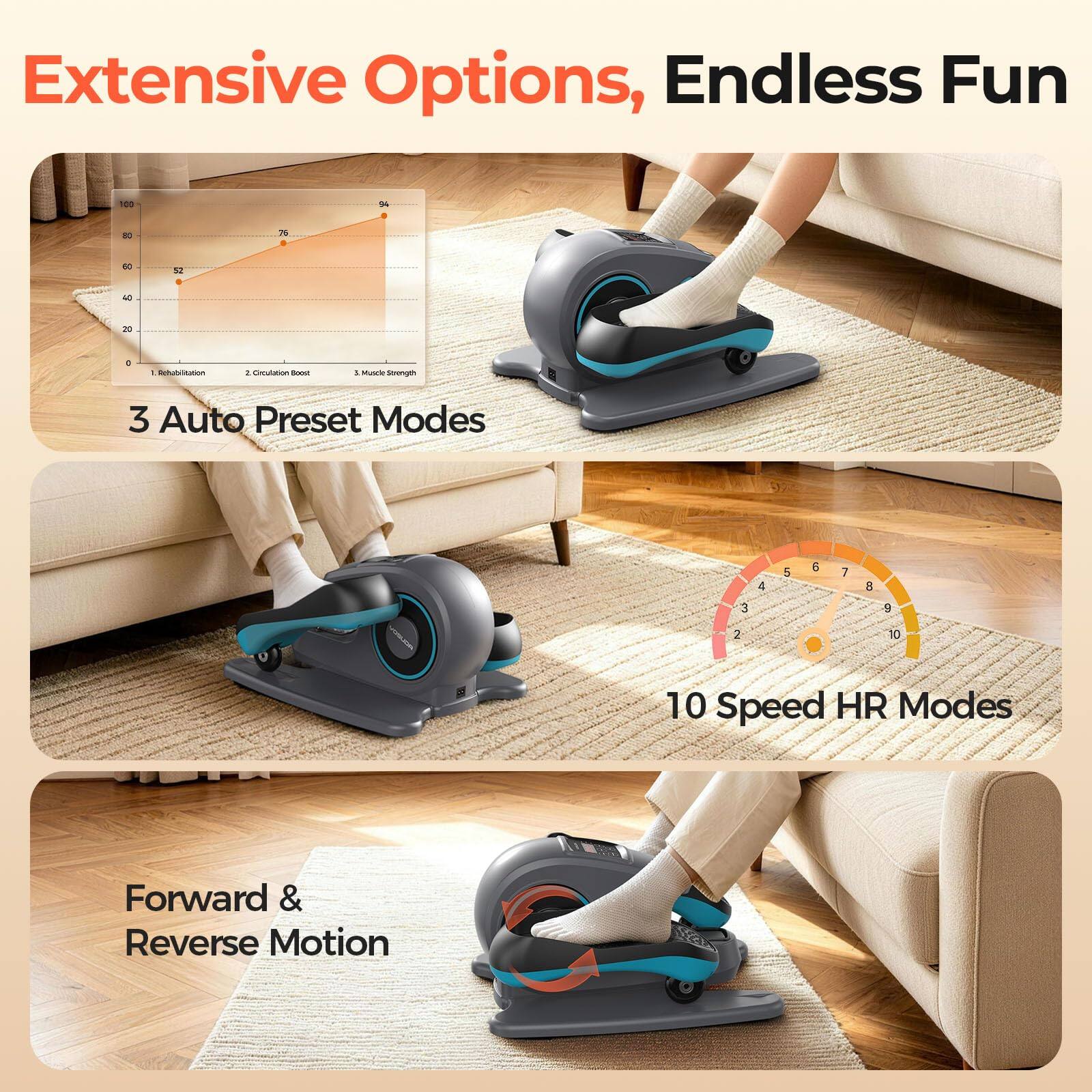 Extensive Options, Endless Fun

100
94
80
76
50
52
40
20
a
: Rehabilitation
2. Circulation Boost
5. Muscle Strength
3 Auto Preset Modes
4
5
6
7
8
3
9
2
10
10 Speed HR Modes
Forward & Reverse Motion