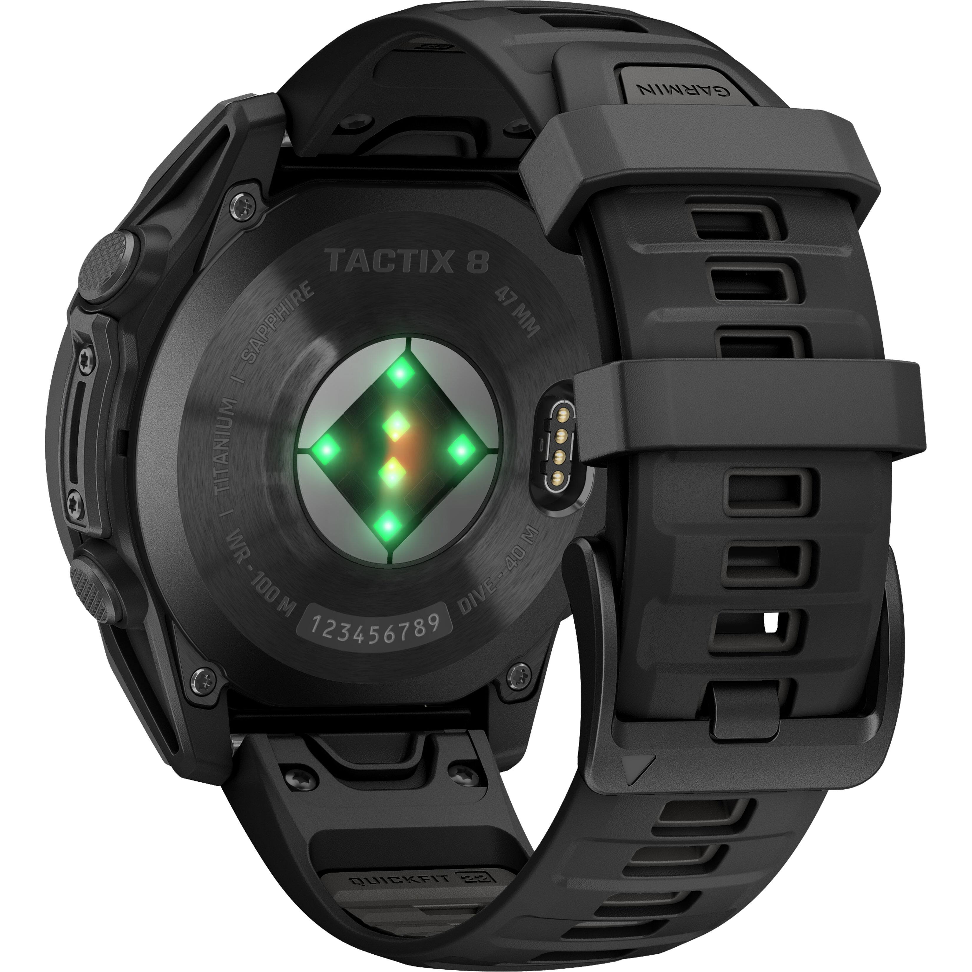 The text on the image reads: "GARMIN TACTIX 8 47 SAPPHIRE MM SA - TITANIUM E WR 40M 40 1 DIVE-40M WR-100M 100 M DIVE 123456789 BUIGKAIT Ce A."