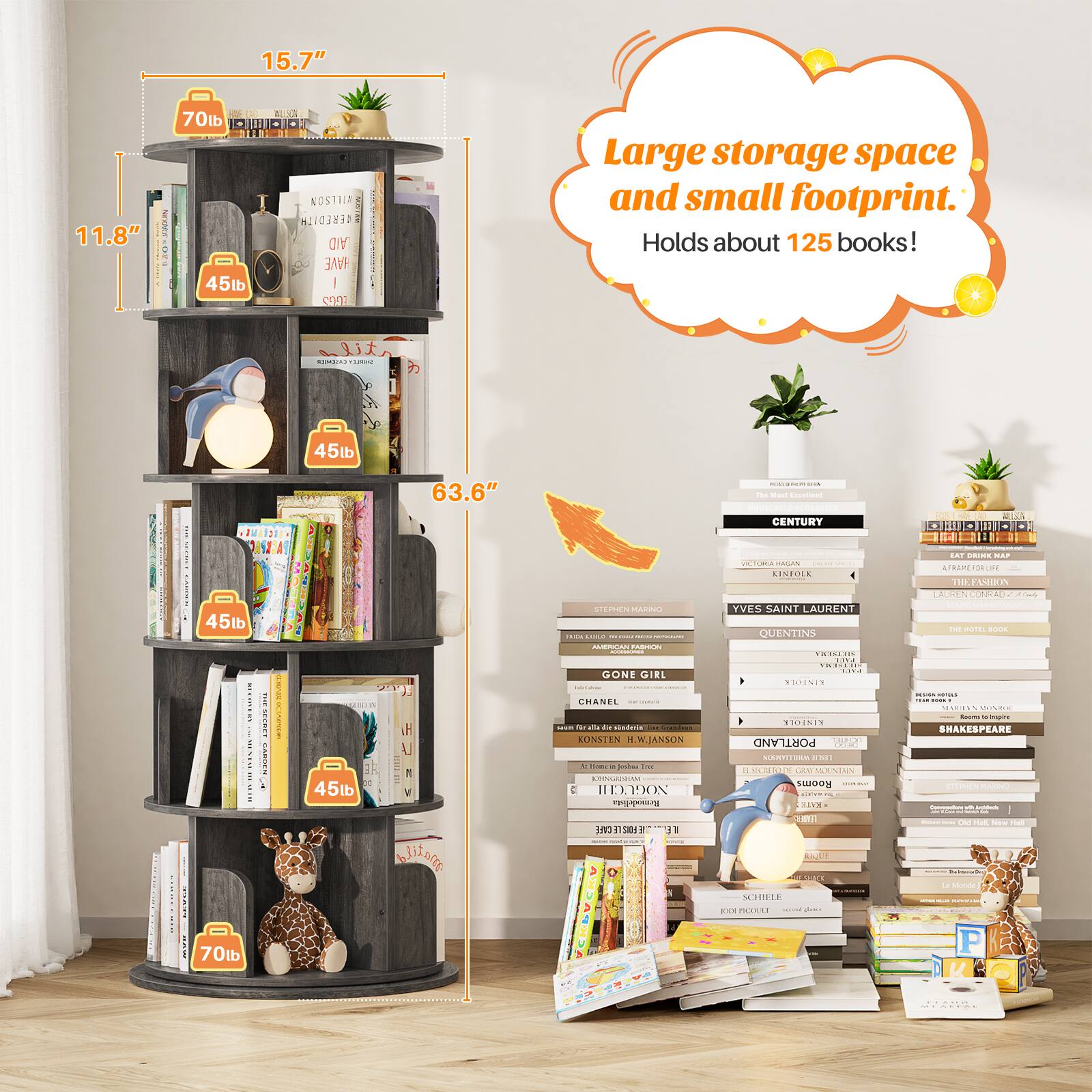 15.7" 11.8" COM 70lb ODIa NOSTHIA EREDITM AID I HAVE I 45lb I CUS: Large storage space and small footprint. Holds about 125 books! 45lb | 45lb | 45lb | 45lb | 70lb 63.6"