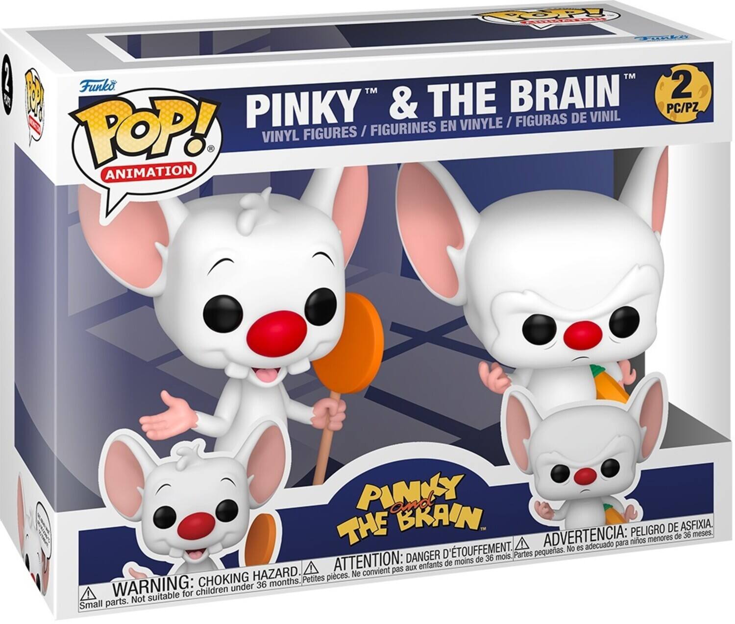 Sure, here is the corrected and grouped text from the image:

---

**Funko POP! Animation**

**PINKY & THE BRAIN™**

**VINYL FIGURES / FIGURINES EN VINYLE / FIGURAS DE VINIL**

**2 PC/PZ**

**WARNING: CHOKING HAZARD. Small parts. Not suitable for children under 36 months.**

**ADVERTENCIA: PELIGRO DE ASFIXIA. No es adecuado para niños menores de 36 meses.**

**ATTENTION: DANGER D'ÉTOUFFEMENT. Ne convient pas aux enfants de moins de 36 mois.**

**PINKY & THE BRAIN**

---
