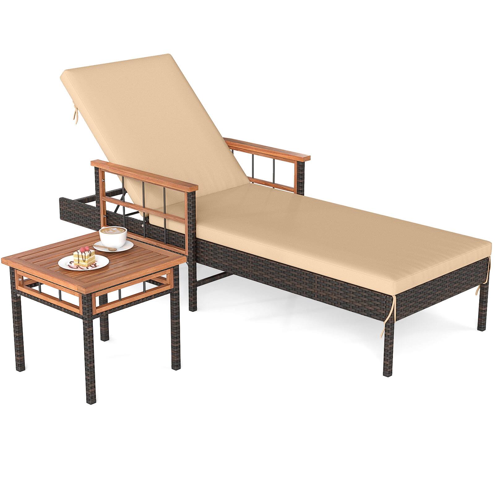 Alt View 7. Gymax - Gymax 2 PCS Patio Rattan Chaise Lounge w/ Side Table Outdoor Reclining Chair Set Beige - Brown.