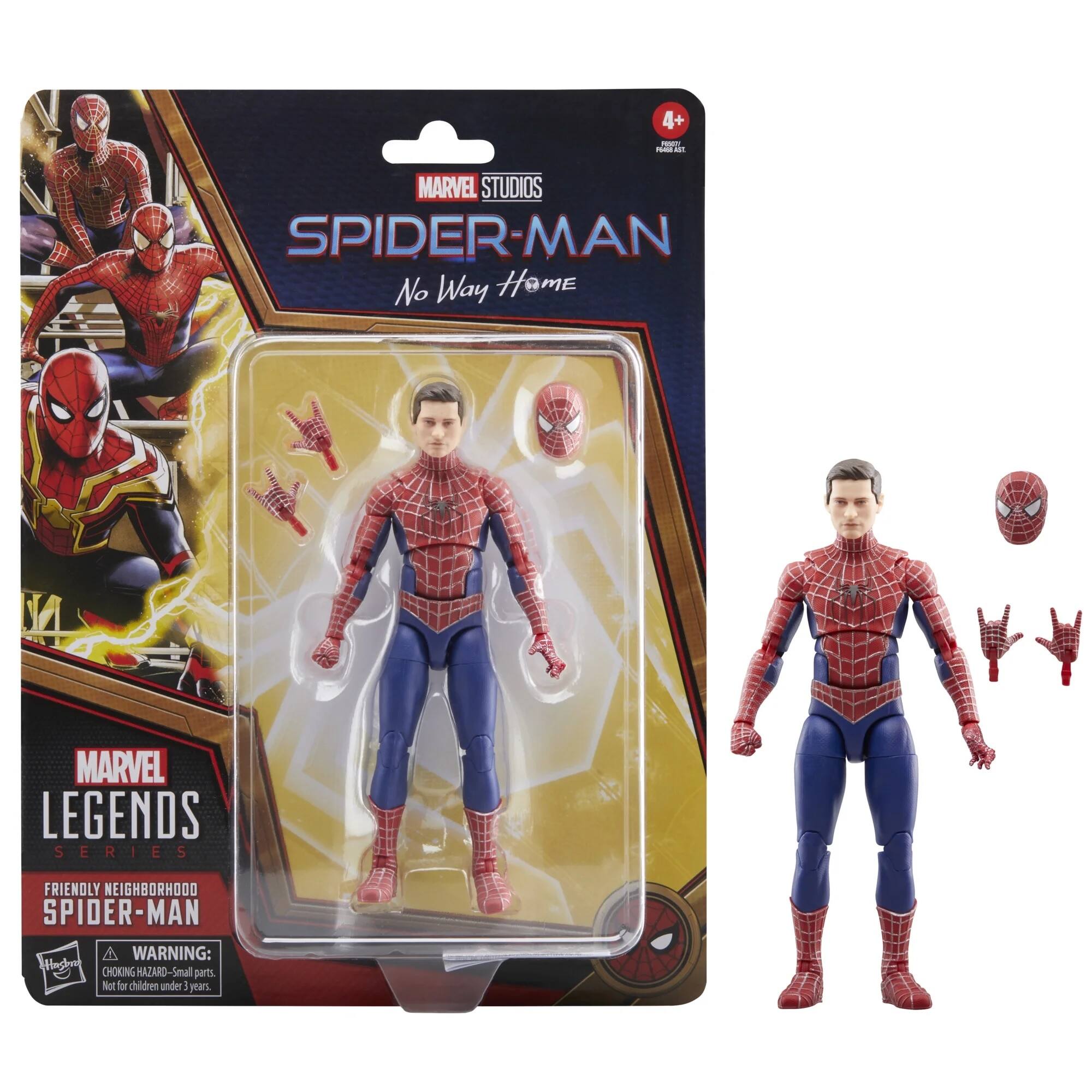 Sure, here is the corrected and grouped text from the image:

---

**MARVEL STUDIOS**  
**SPIDER-MAN**  
**No Way Home**

**MARVEL LEGENDS SERIES**  
**FRIENDLY NEIGHBORHOOD SPIDER-MAN**

**WARNING:**  
**CHOKING HAZARD - Small parts. Not for children under 3 years.**

**4+**  
**MARVEL LEGENDS**

---