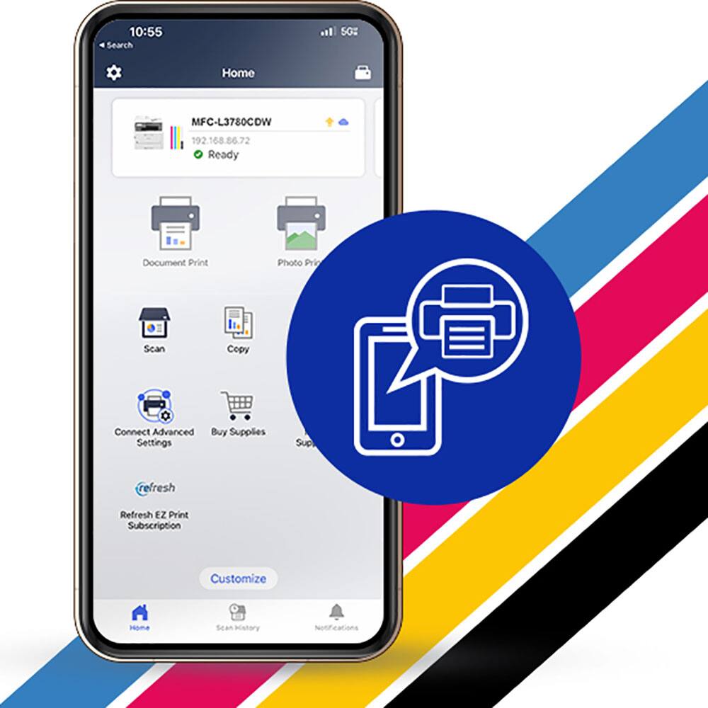 10:55  
Search  
Home  
MFC-L3780CDW  
192.168.86.72  
Ready  

Document Print  
Photo Print  
Scan  
Copy  
Connect Advanced Settings  
Buy Supplies  
Refresh EZ Print Subscription  
Customize  

Home  
Scan History  
Notifications