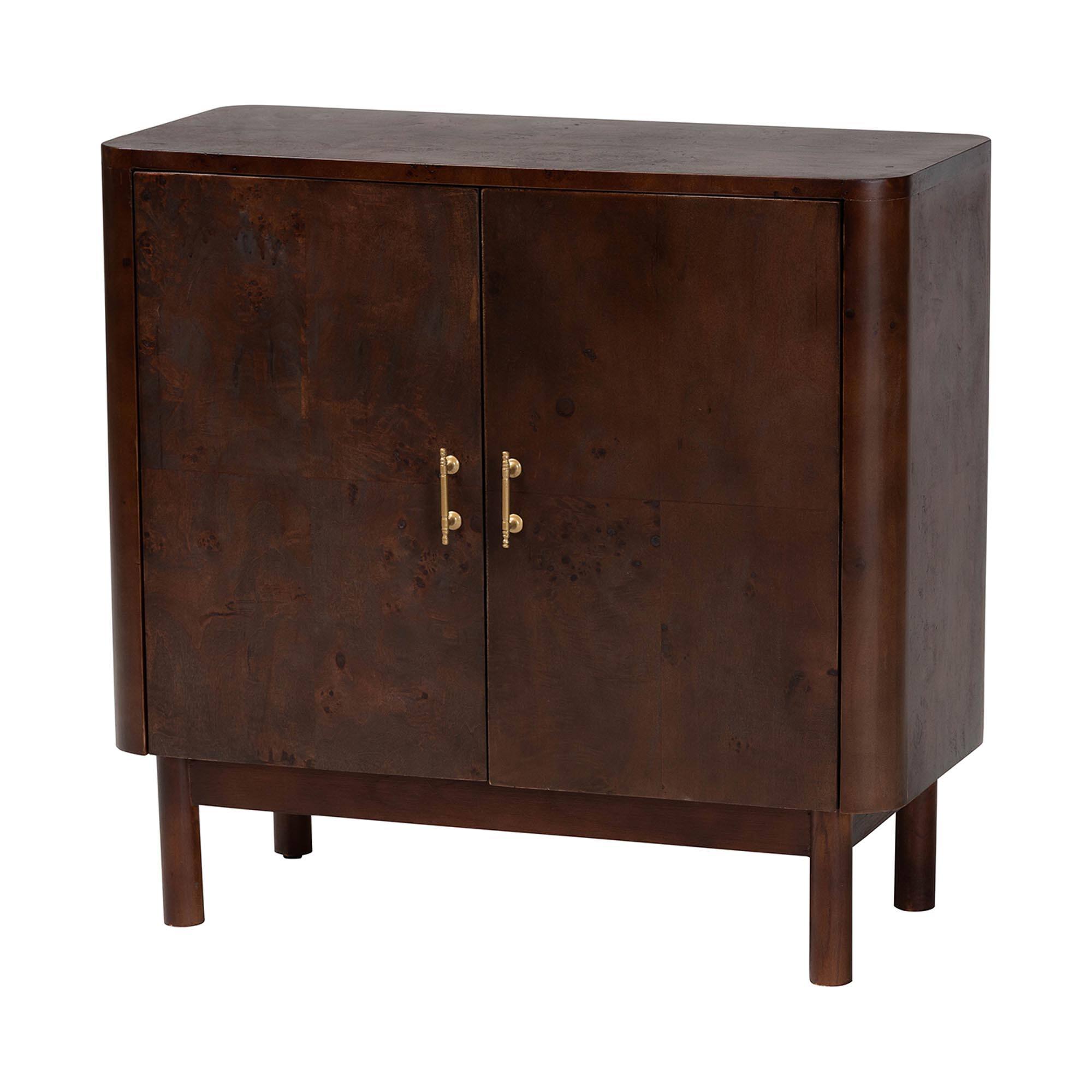 bali & pari - Latika Real Burl Wood Storage Cabinet - Modern Accent Cupboard with Double Doors and Brass Handles, Elegant Sideboard - Dark Walnut