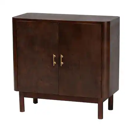 Front. bali & pari - Latika Real Burl Wood Storage Cabinet - Modern Accent Cupboard with Double Doors and Brass Handles, Elegant Sideboard - Dark Walnut.