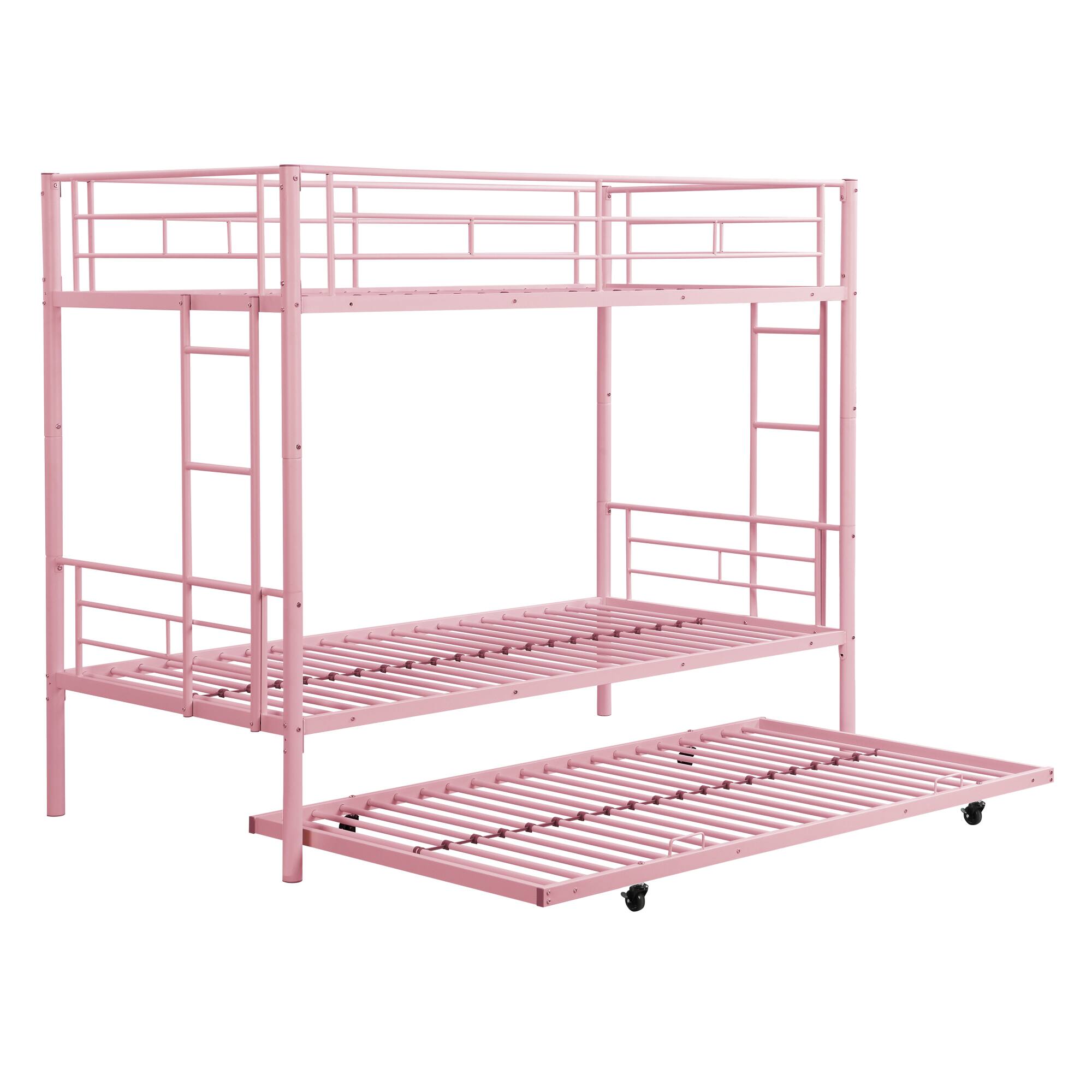 Alt View 2. GOODSILO - Modern Metal Bunk Bed with Trundle - Space-Saving Sleeper Solution for Kids and Teens - Pink.