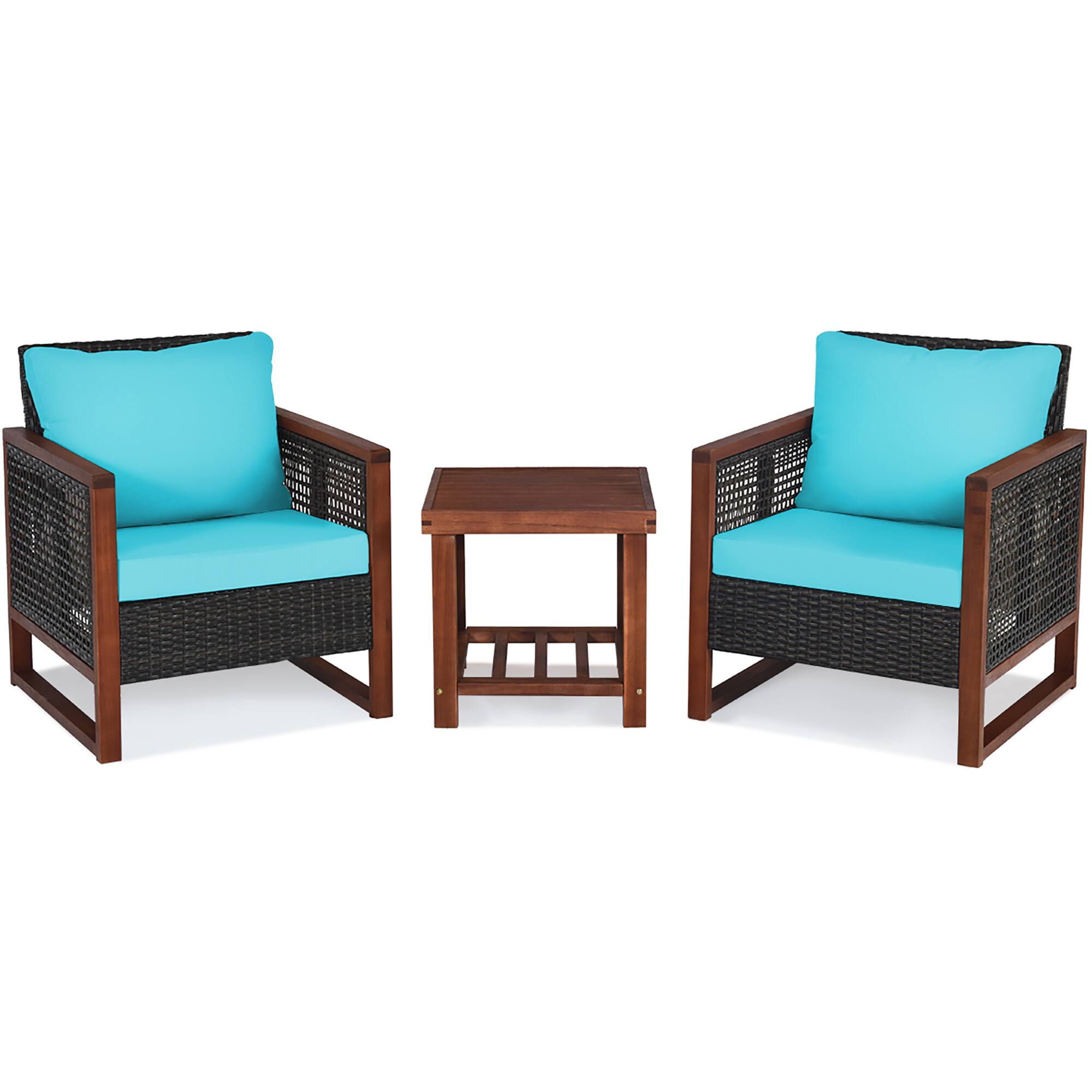 Alt View 4. Costway - Costway 3PCS Patio Wicker Furniture Set Solid Wood Frame Cushion Sofa w/ Square Table Shelf - Turquoise.