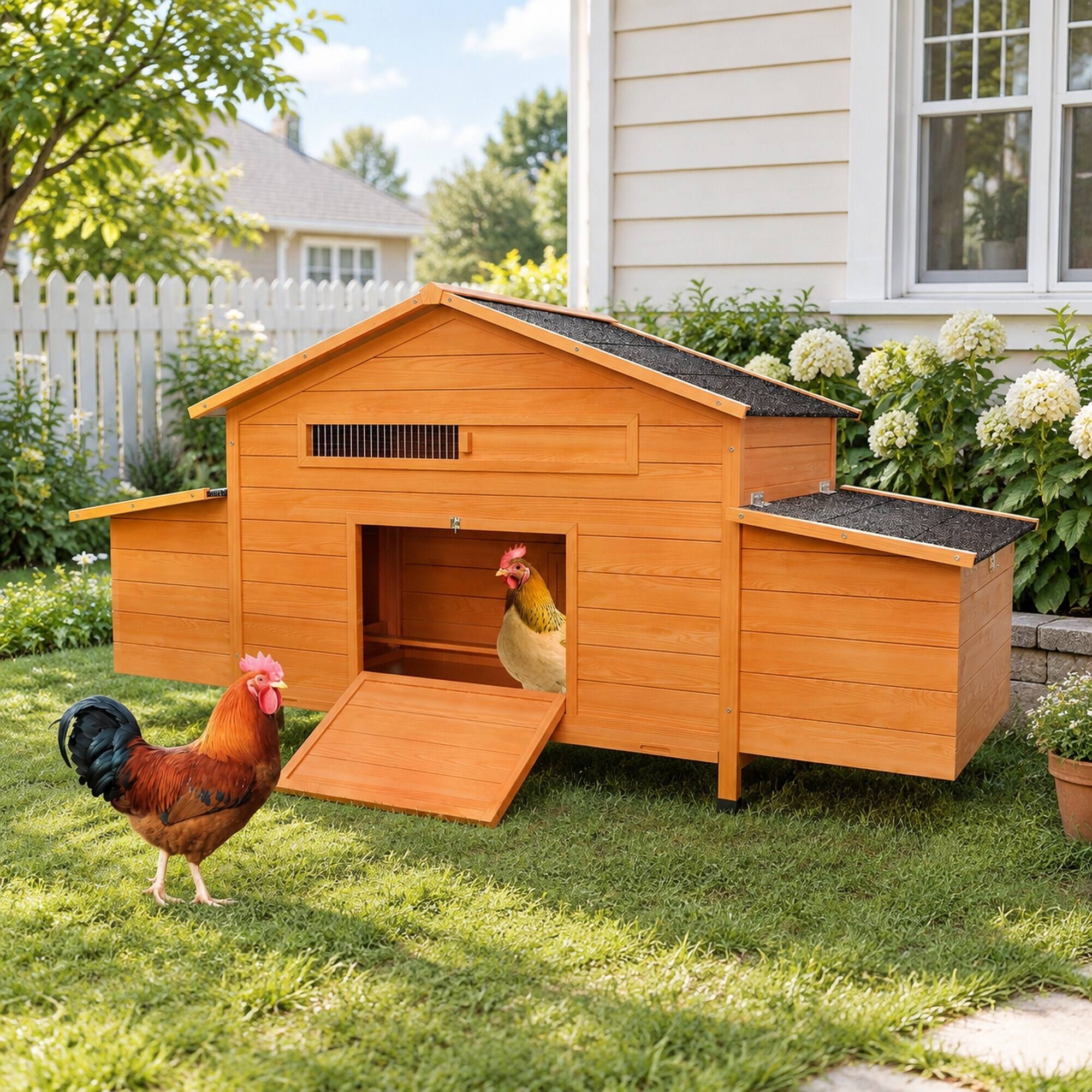 Back. RYHNUYNE - 70 in Wooden Chicken Coop, Solid Wood Hen House, 2 Nesting Boxes, Waterproof Roof, 2 Doors.