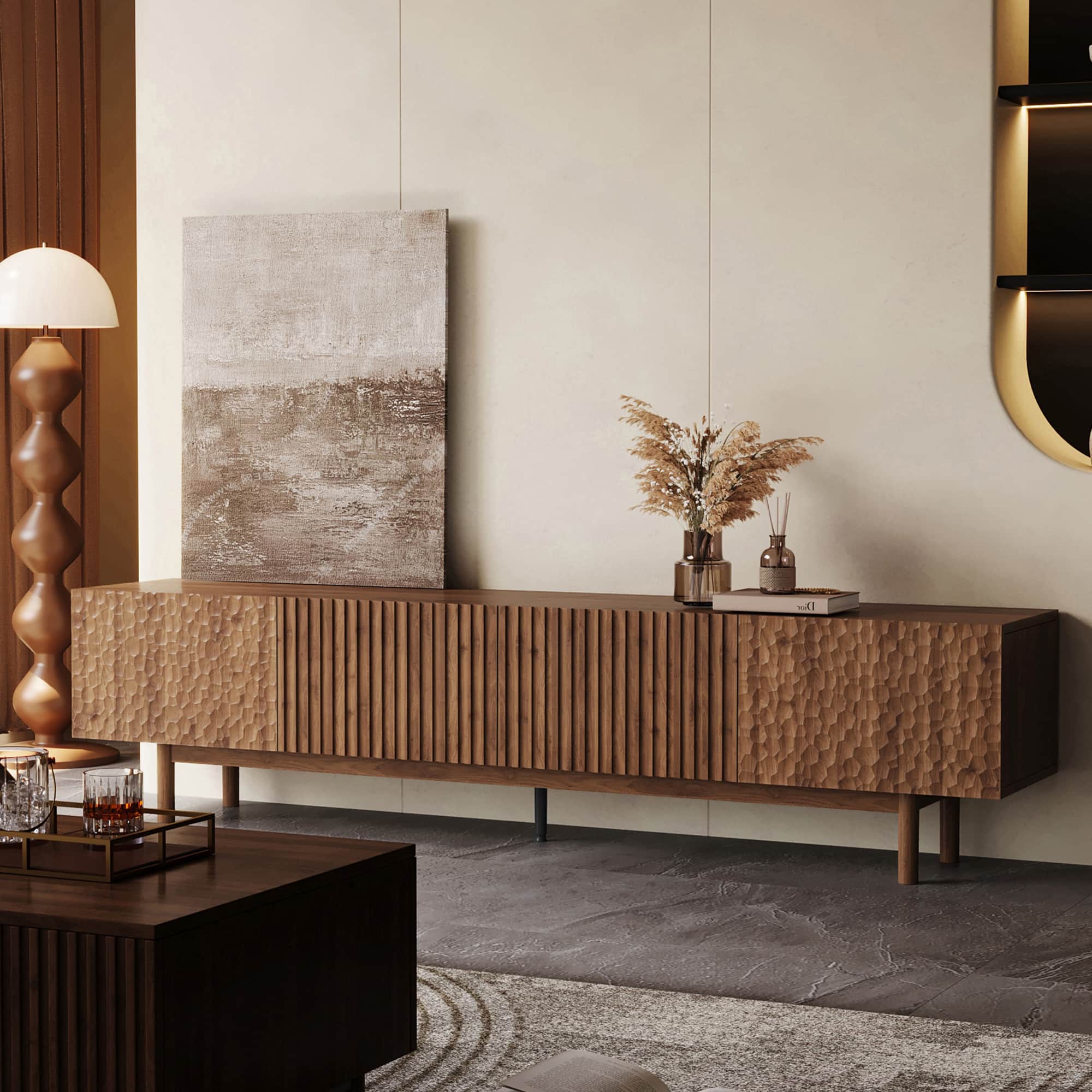 luck idea - 86.61" TV Stand and Media Console, Modern Entertainment Center with Ample Storage - Walnut Color