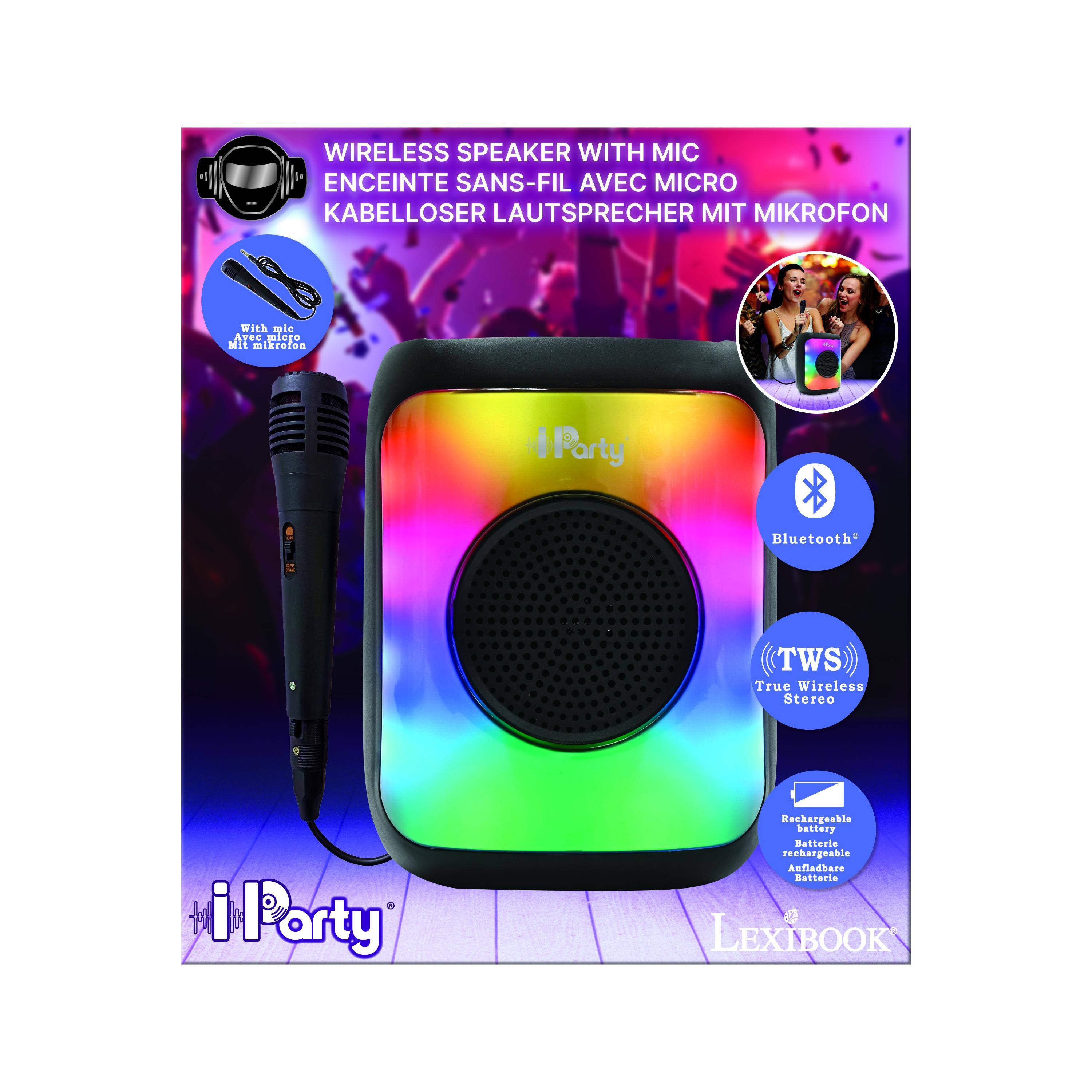 WIRELESS SPEAKER WITH MIC  
ENCEINTE SANS-FIL AVEC MICRO  
KABELLOSER LAUTSPRECHER MIT MIKROFON  

With mic  
Avec micro  
Mit mikrofon  

Party  
Bluetooth®  
TWS  
True Wireless Stereo  

Rechargeable battery  
Batterie rechargeable  
Autonome batterie  

LEXIBOOK