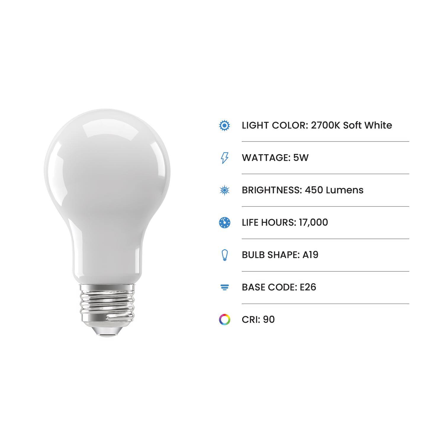 LIGHT COLOR: 2700K Soft White  
WATTAGE: 5W  
BRIGHTNESS: 450 Lumens  
LIFE HOURS: 17,000  
BULB SHAPE: A19  
BASE CODE: E26  
CRI: 90